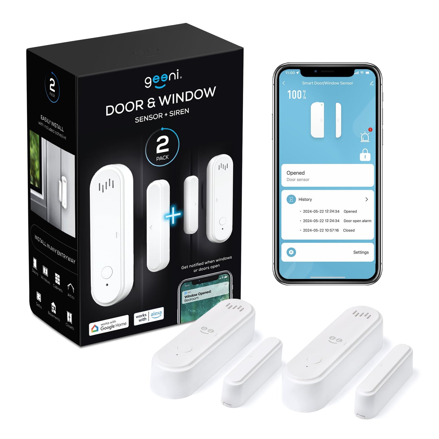 Geeni Smart Door and Window Sensor Alarm 2 Pack WiFi Battery Powered Security Sensor with Siren, Instant Alerts, Alexa & Google Assistant Compatible
