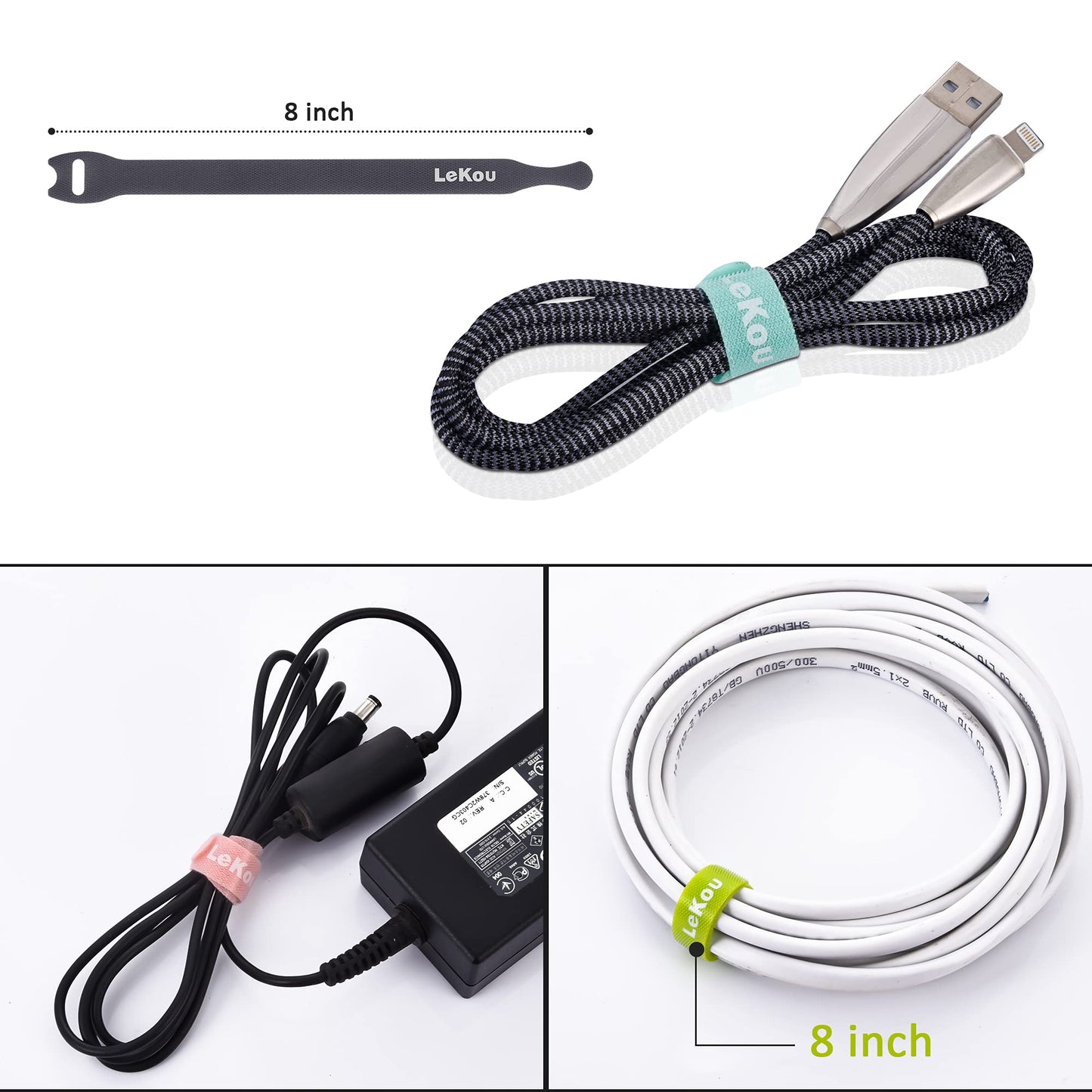 Lekou Cable Ties, 60 PCS 8 Inch Fastening Cable Straps, Reusable Hook and Loop Straps Wire Management, Cord Organizer Ties for Home Desk Office