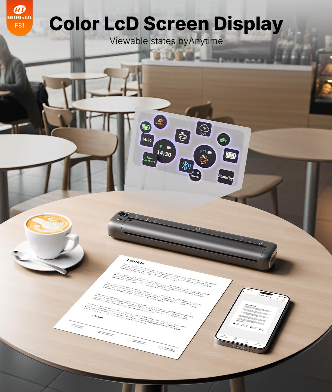 Rongta Portable Printer Wireless for Travel, Bluetooth Inkless Thermal Printers for 8.5" x 11" US Letter & A4 Size, Compatible with Android iOS Phone