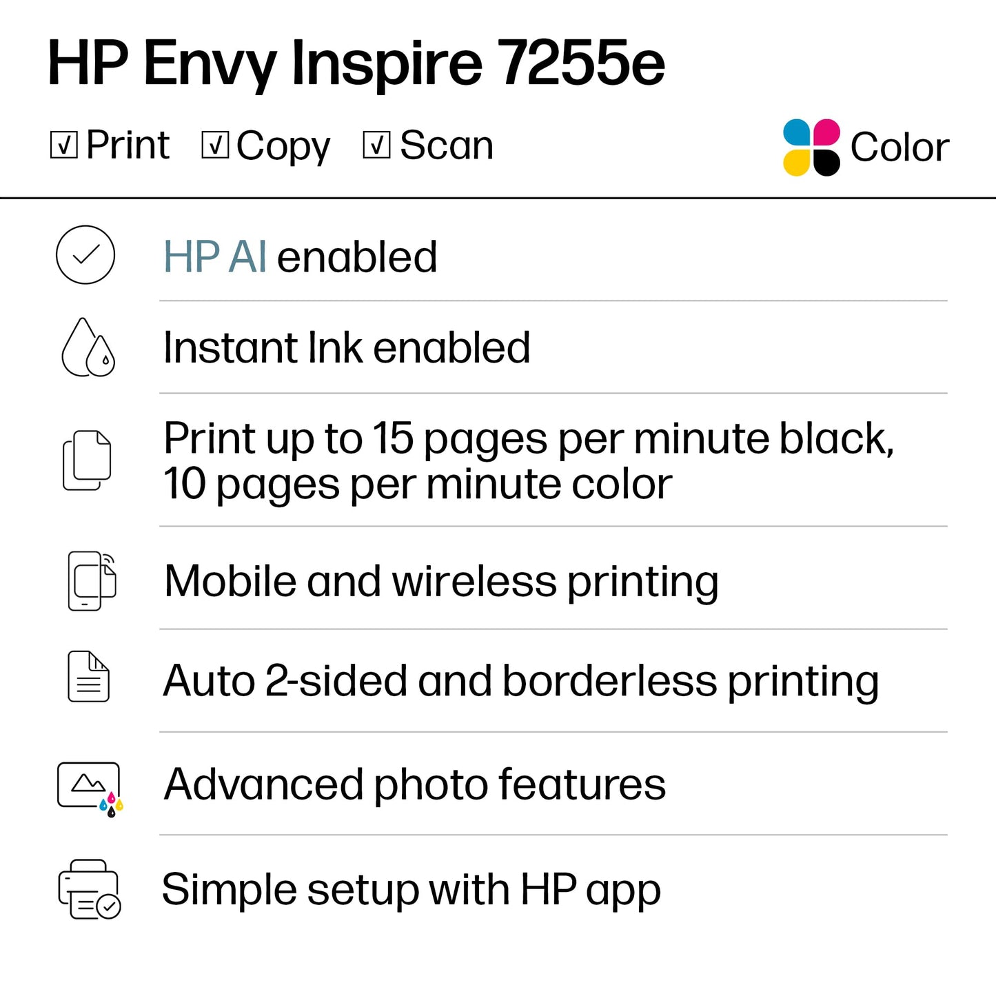 HP Envy Inspire 7255e Wireless Color Inkjet Printer, Print, scan, copy, Easy setup, Mobile printing, Best-for-home, 3 month Instant Ink trial