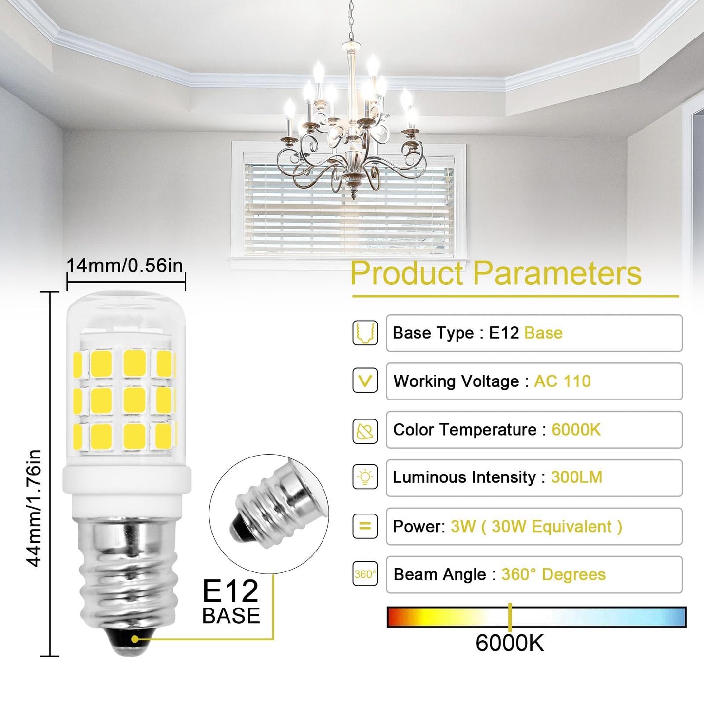 E12 Base Candelabra Small Light Bulb 3W 120V Cool White 6000K 6-Pack