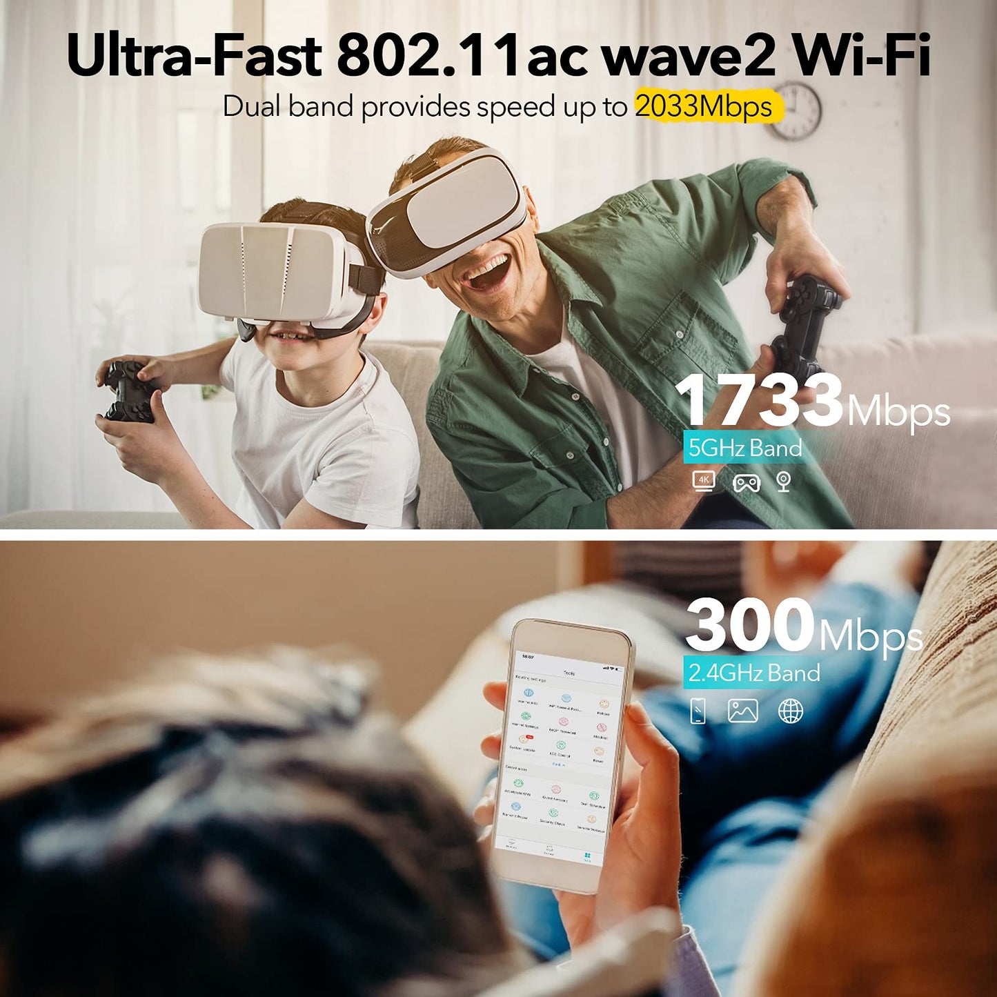 WiFi Router- AC2100 Dual-Band Smart Wi-Fi Router Upgrades to 2033 Mbps (5G) High-speed, Features MU-MIMO, 4 Gigabit LAN Ports, ONE SSID, Parental