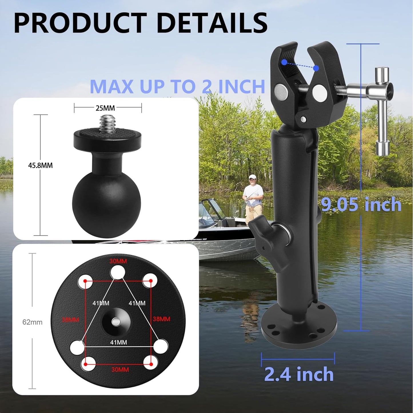 Trolling Motor Stabilizer Mount Support, Tough-Claw Boat Trolling Motor Shaft Reduces Bounce, 360° Adjustable, Fits to 0.6" to 2" Diameter Bar