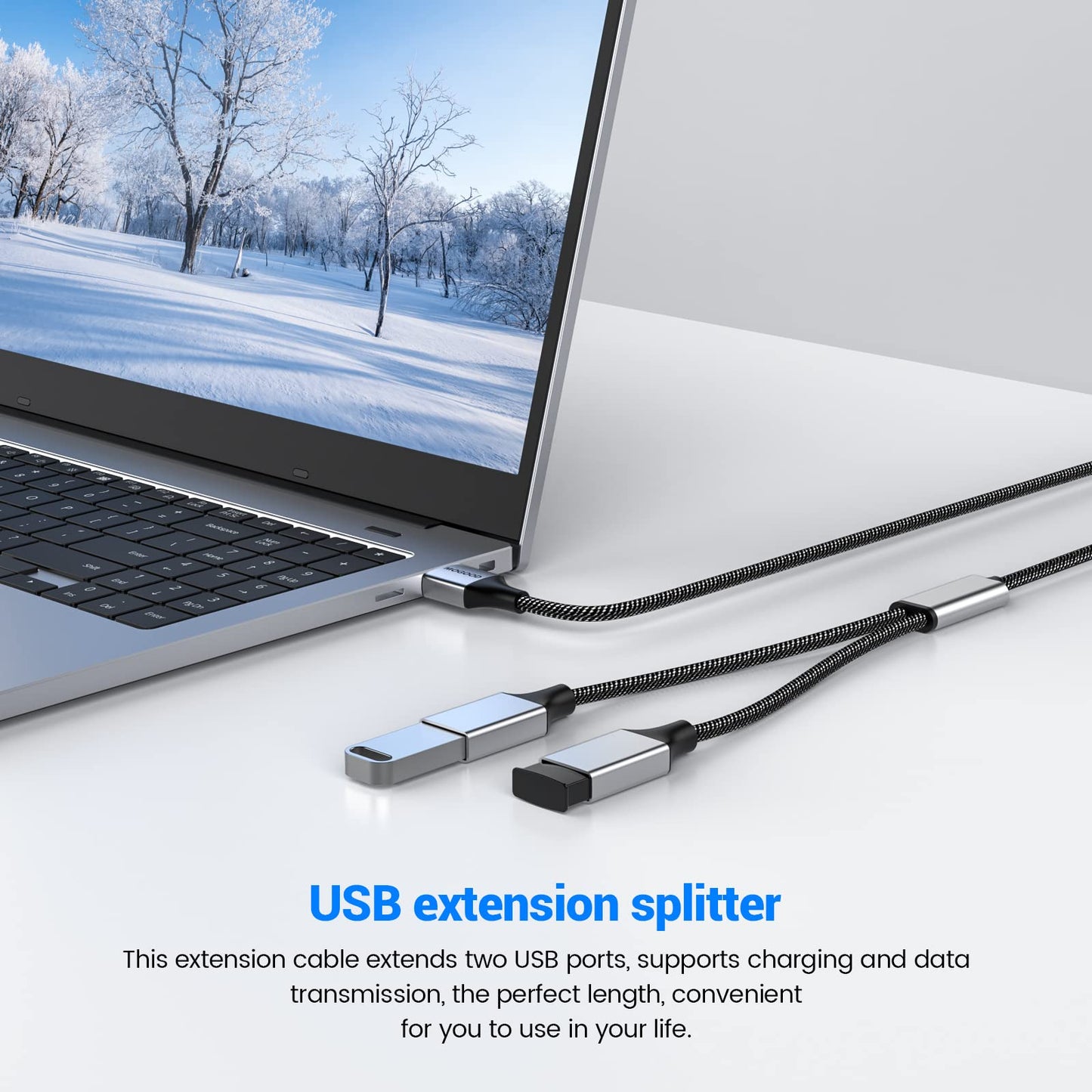 MOGOOD Dual USB 2.0 Power Cord Extension - USB A Splitter for Laptop/Mac/Car