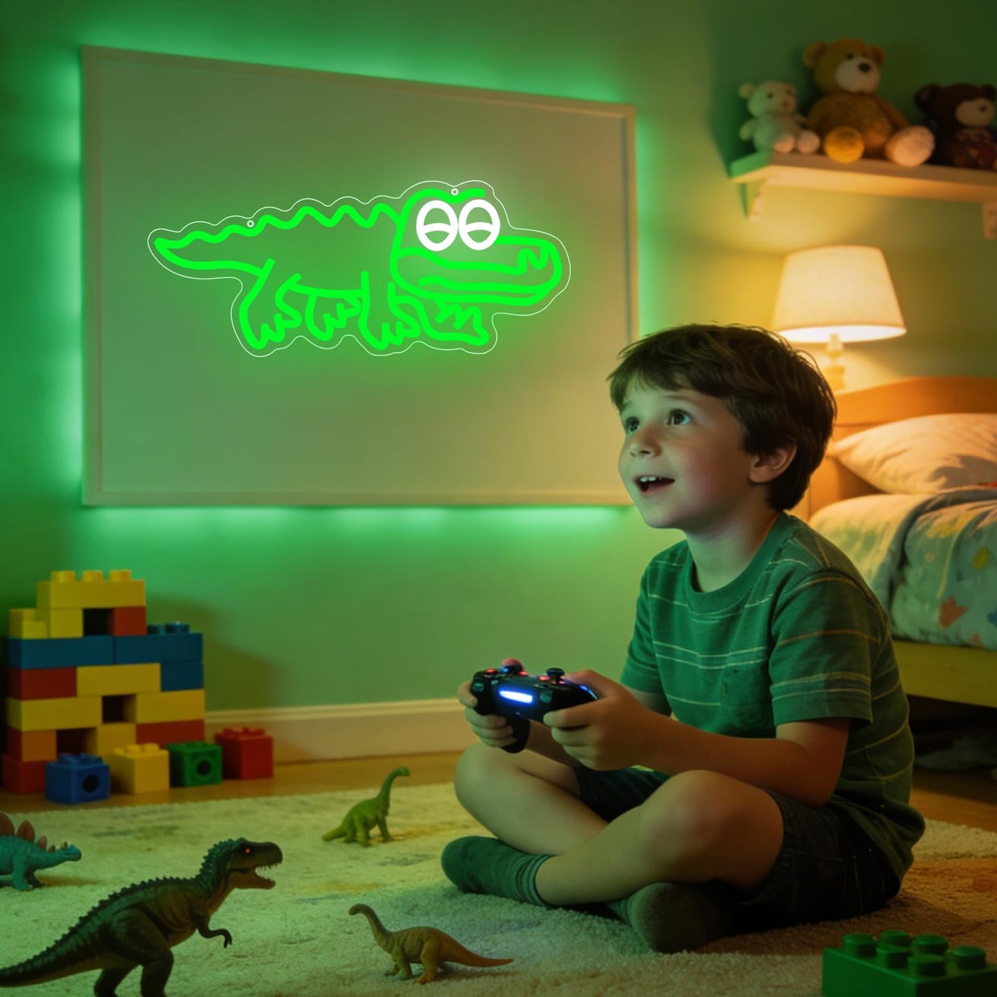 QEOICINH Cute Crocodile Neon Sign, Green LED Neon Light for Kids Room Decor, Playroom, Pet Shop, USB Powered neon signs for wall decor, Ideal Baby