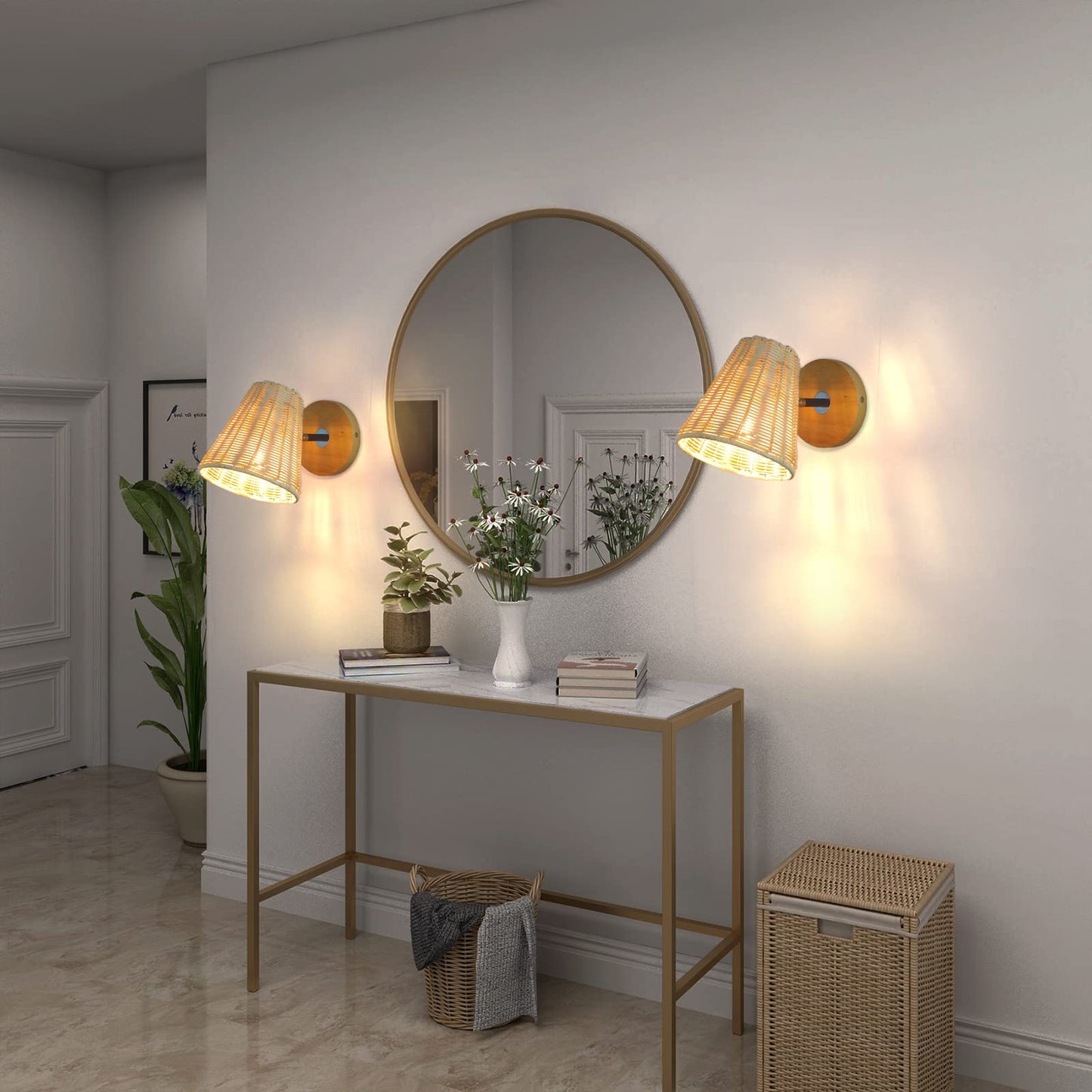 VinTopsh Rattan Wall sconces, Farmhouse Wall Light Fixture, Handmade Wall Lamp (5.7" Lampshade)