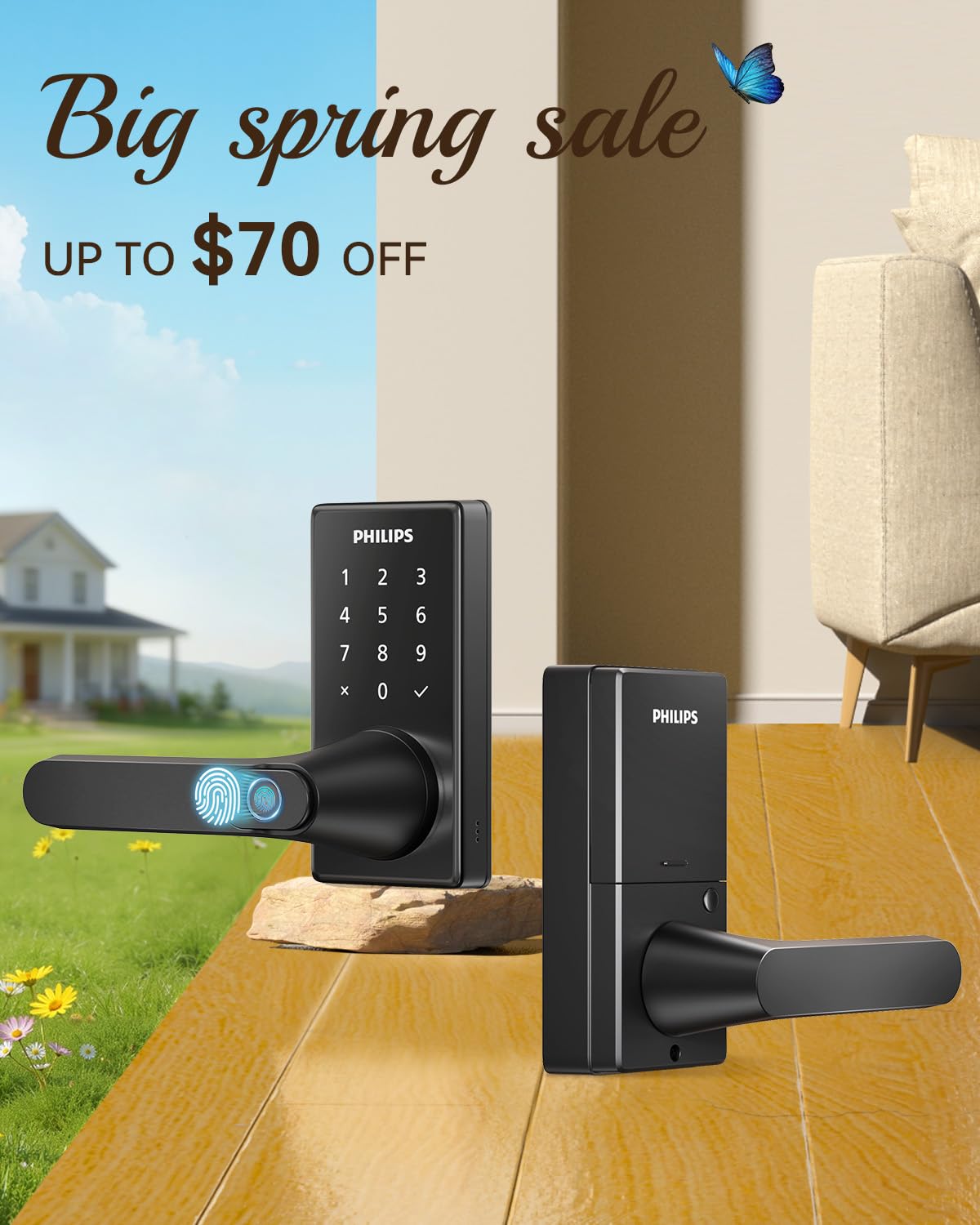 Philips Wi-Fi Smart Door Lock with Handle, Keyless Entry Door Lock for Front Door Lock Set with App Remote Control, Fingerprint Door Handle Lock