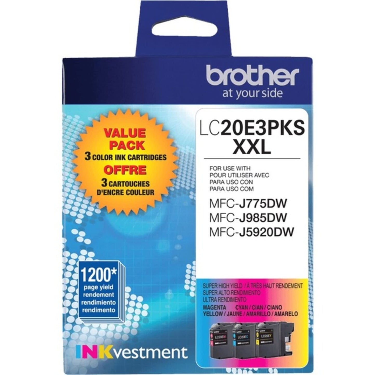 Brother Genuine High Yield Color Ink Cartridge, 3 Pack of LC20E, Replacement Color Ink Three Pack, Includes 1 Cartridge Each of Cyan, Magenta