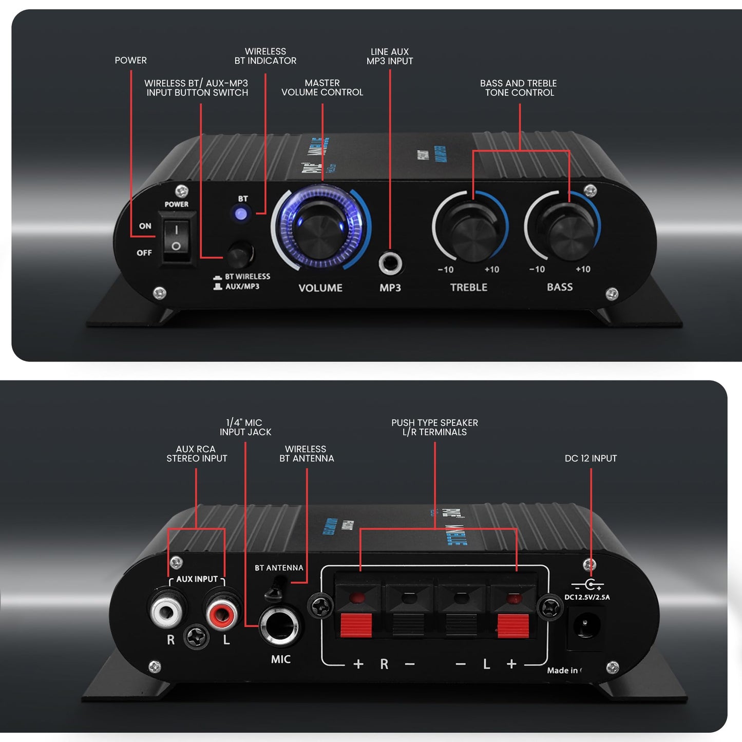 Pyle Wireless Bluetooth Home Audio Amplifier - 90W Dual Channel Mini Portable Power Stereo Sound Receiver w/ Speaker Selector, RCA, AUX, LED, 12V
