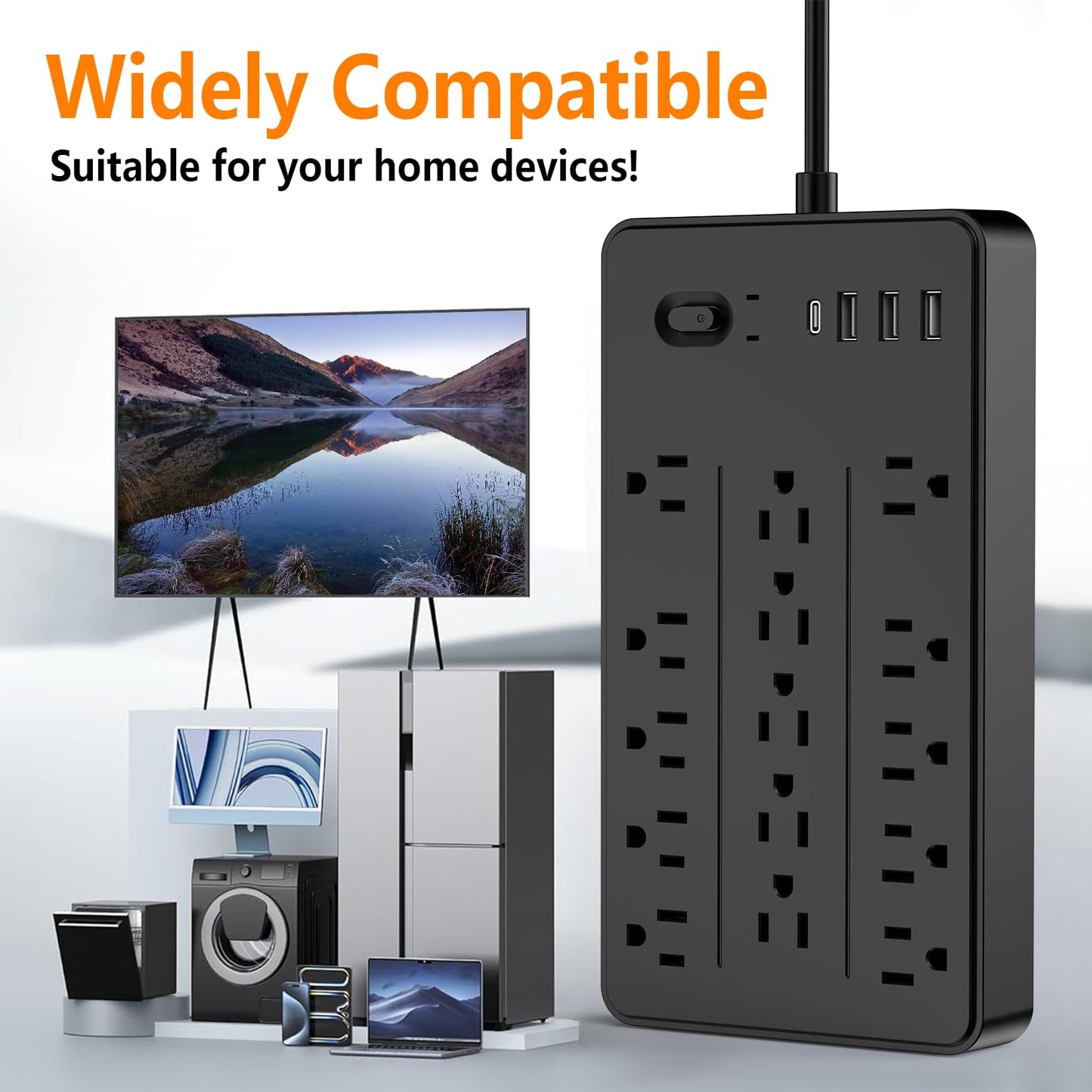 5 FT Flat Plug Surge Protector Power Strip,15 Multiple AC Outlets with 4 USB Ports (1 USB C), 5 Feet Extension Cord, 1625W/13A, One Touch Switch