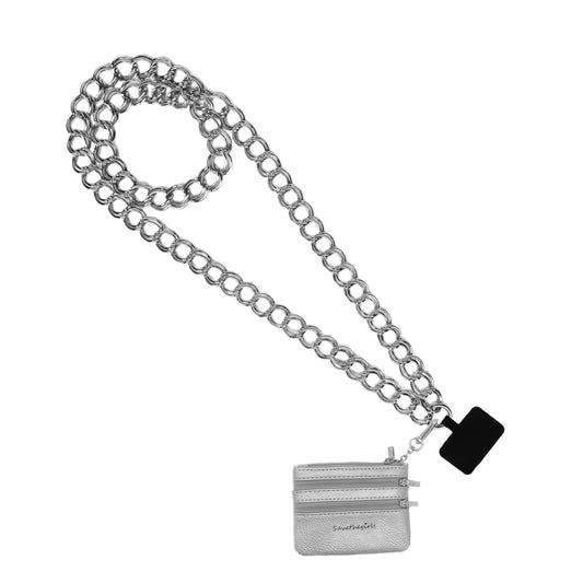 Save the Girls Clip and Go Double Link Chain (Silver - Silver Pouch) - Stylish Phone Lanyard Crossbody with Wallet for Women, Hands-Free Carrying