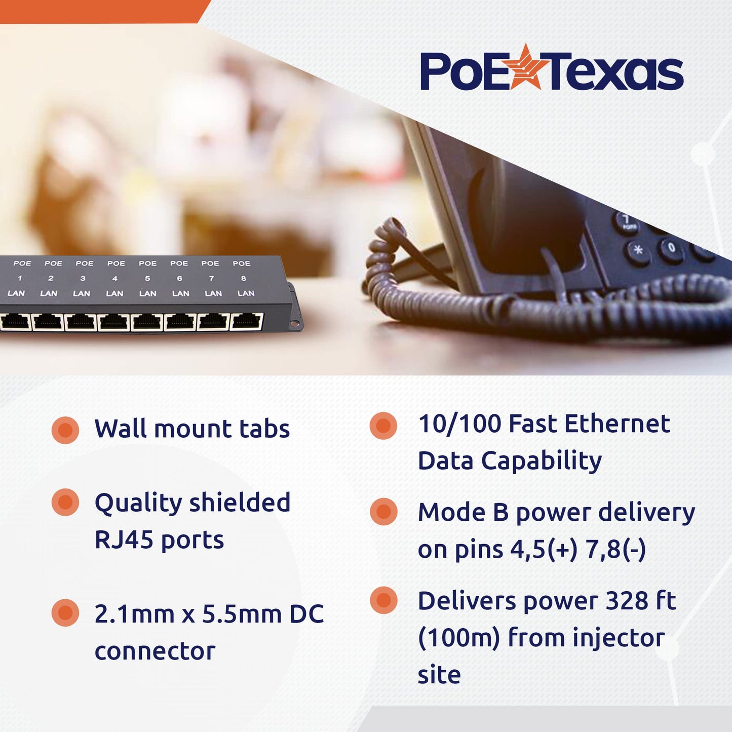 PoE Texas 8 Port Injector - 10/100 Passive Power Over Ethernet With 48V 60W UL Power Supply - 802.3af for VoIP Phones, WiFi Access Points, IP Cameras