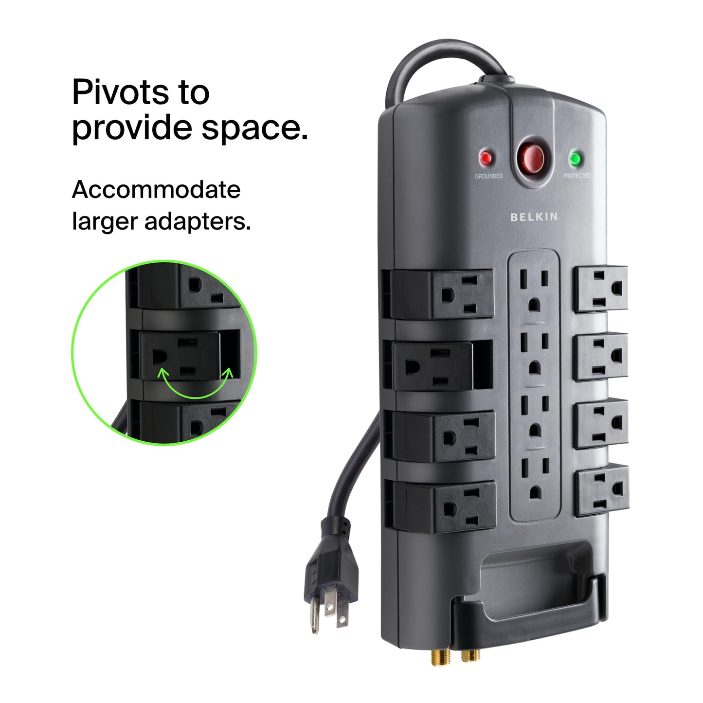 Belkin Surge Protector Power Strip w/ 8 Rotating & 4 Standard Outlets - 8ft Sturdy Extension Cord w/ Flat Pivot Plug for Home, Office, Travel, Desktop
