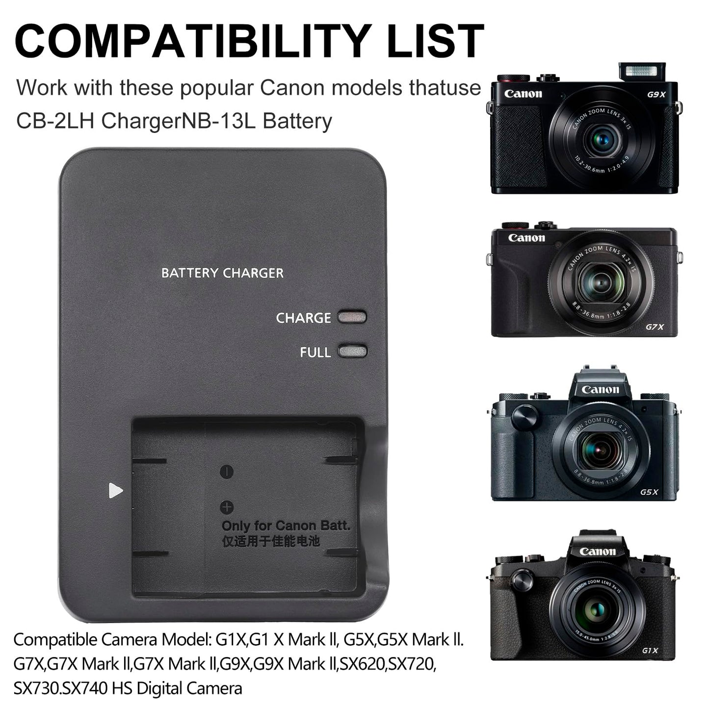 NB-13L CB-2LH CB-2LHT Wall Quick Battery Charger Compatible with Canon PowerShot G7X G7X Mark II III G9X G9X Mark II SX620 SX720 SX730 SX740 HS G1X G1