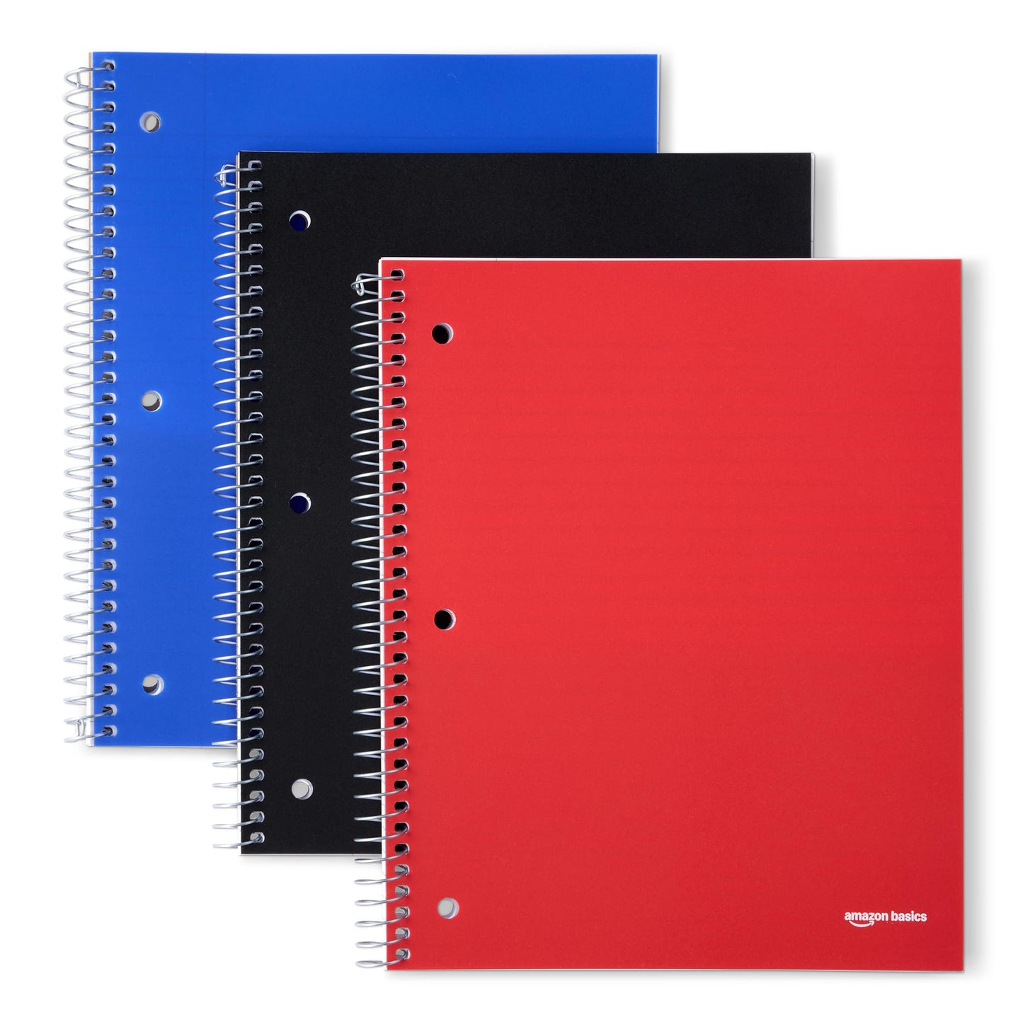Amazon Basics 1 Subject College Ruled Spiral Notebook, Poly Cover,100 Sheets, 9" x 11", Assorted Primary Colors, 3 pack