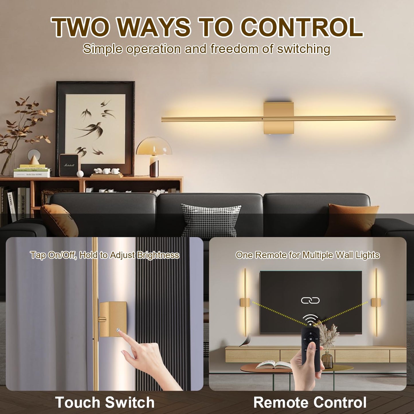 Battery Operated Wall Sconces Set of 2, USB Rechargeable Wall Lights with Remote Control, 360° Rotation, 6000mAh, Dimmable Touch Wireless Wall Sconce