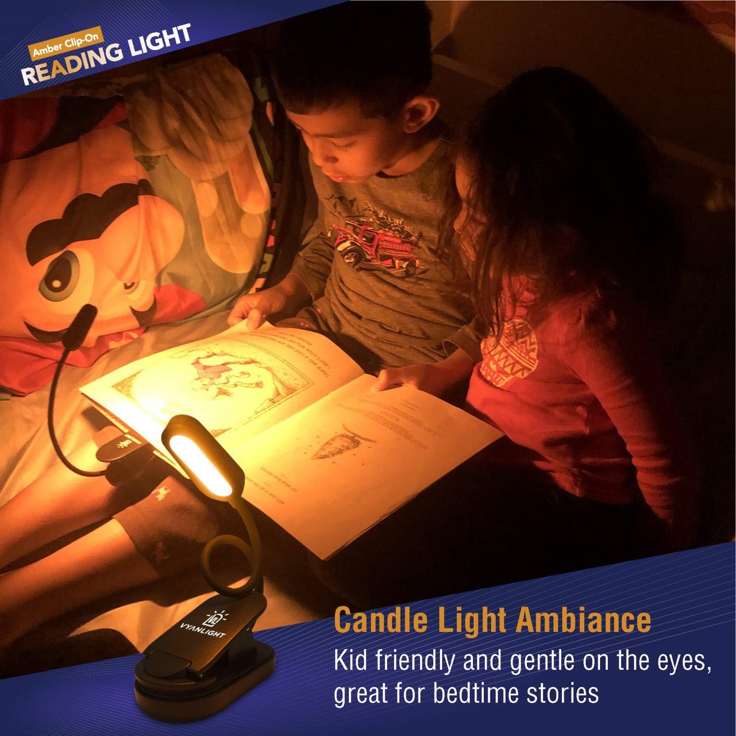 VYANLIGHT Book Light for Reading in Bed, Amber Color Reading Lamp with 360° Rotating Gooseneck, Rechargeable and Dimmable Warm Glow LED Clip-on Light