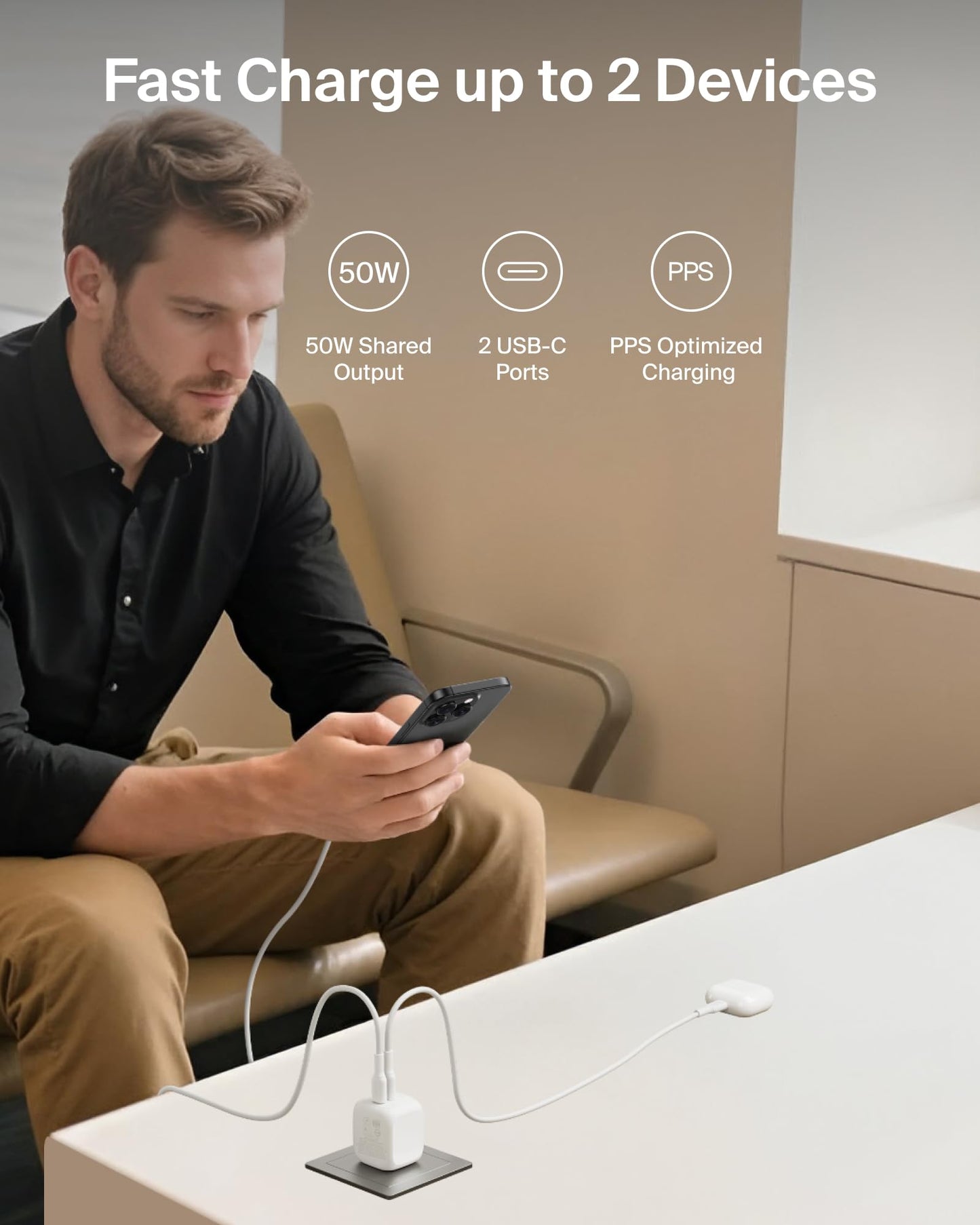 Belkin 2-Port USB C Charger Block 50W, Dual-Port GaN Charger w/ 2X USB C Ports & Included 1M C-C Cable, Fast Charging for MacBook, iPhone, iPad