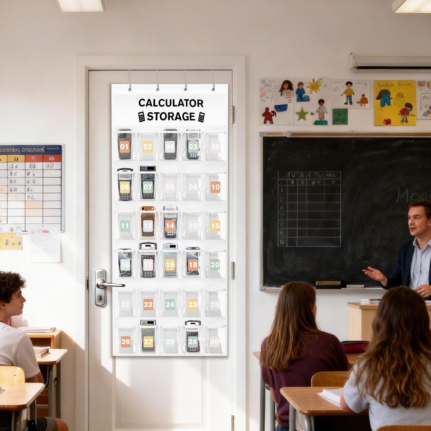 30-Pocket Calculator Holder for Classroom, Hanging Calculator Pocket Chart with Clear PVC Pockets & Numbered Stickers, Calculator Storage Organizer
