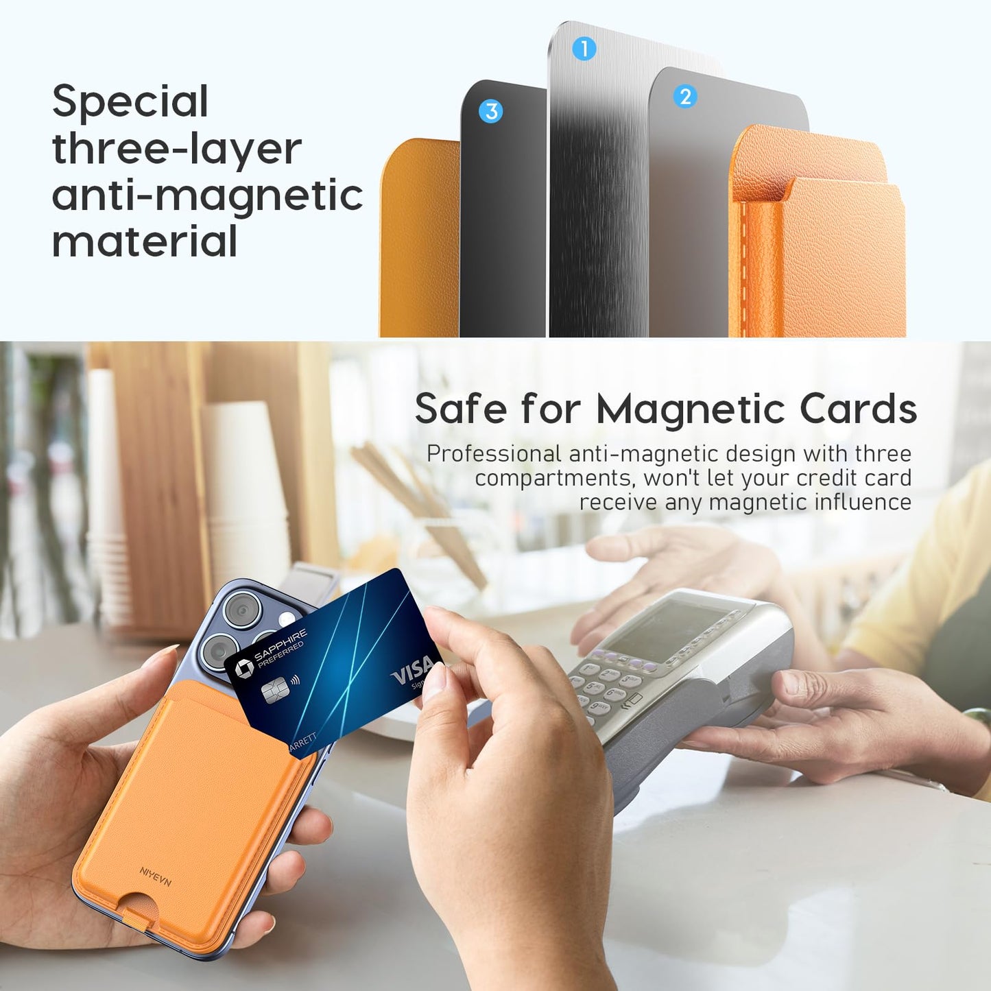NIYEVN Magnetic Cardholder Wallet for iPhone - Leather Cellphone Magnet Wallet with Adjustable 3 Card Holder Stand Compatible with MagSafe for Back