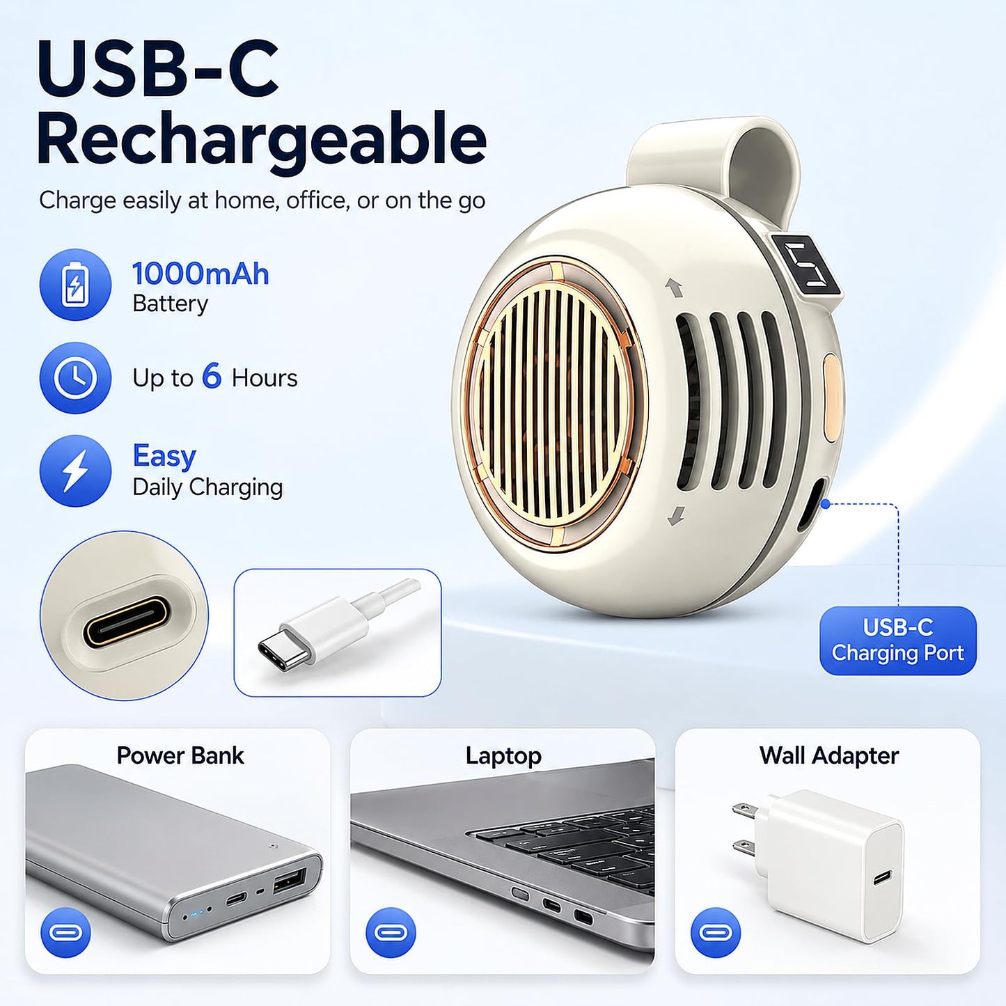 Portable Clip on Fan, Bladeless Waist Clip Fan with 5 Speeds, USB-C Rechargeable Mini Quiet Fan, LED Display, 1000mAh Battery, 82g Lightweight, Up