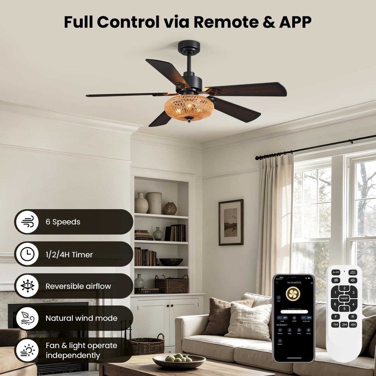 APBEAMLighting 52inch Ceiling Fan with Boho Rattan Caged Lampshade