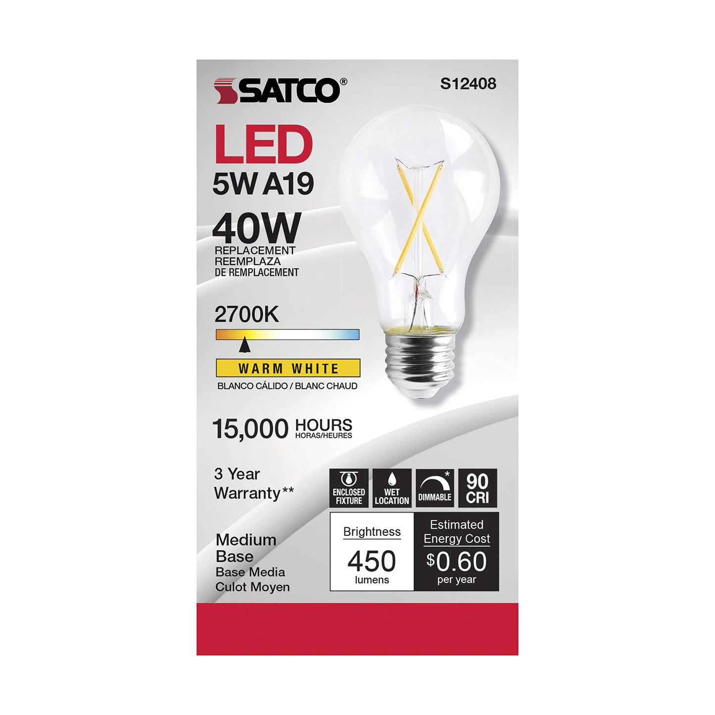 Satco S12408, Clear, Medium Base, 2700K, 90 CRI, 120 Volt, 5 Watt LED A19 Bulb