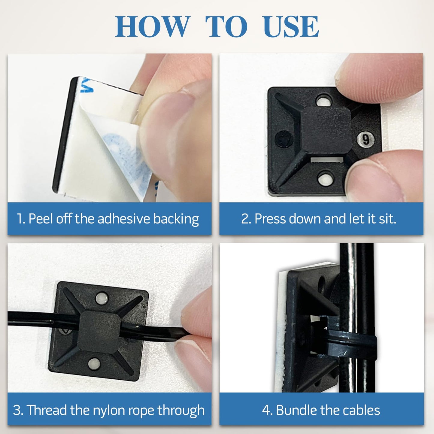 100-Pack Black Self-Adhesive Cable Zip Tie Mounts - Nylon Wire Clips and Anchor Holders for Cord Management in Home, Car & Office