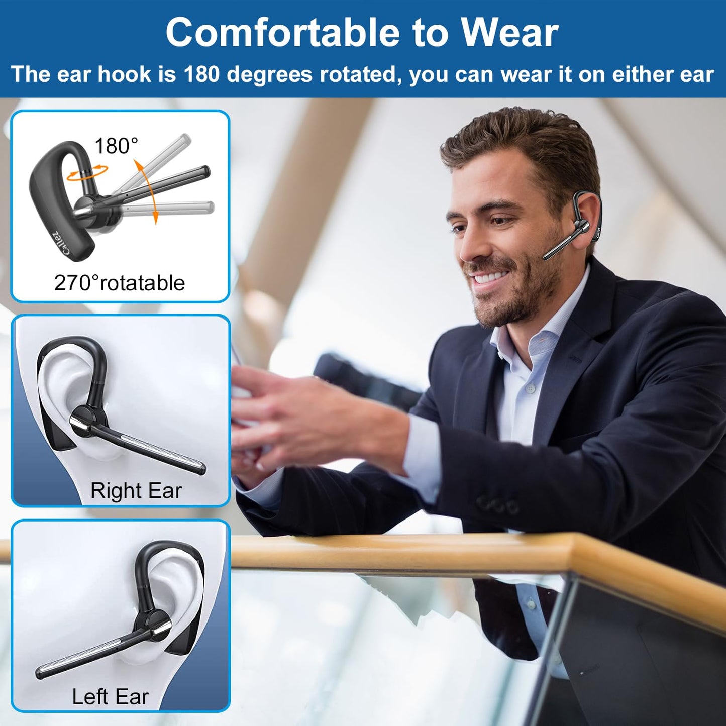 Callez Bluetooth Headset for iPhone Android Cell Phone, Bluetooth Earpiece V5.0 with CVC8.0 Dual Mic Noise Cancelling & Mute/Volume Buttons