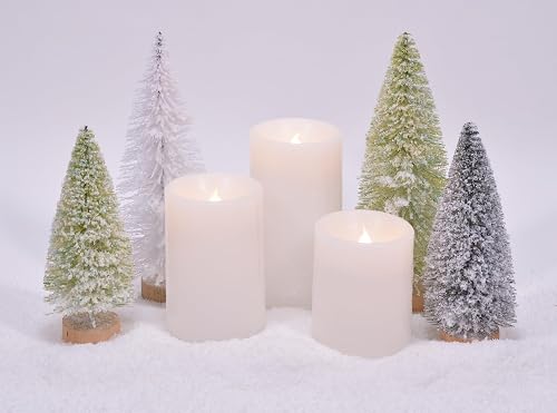 Mark Feldstein & Associates Sisal Tree and Wax LED Flameless Candle 8 Piece Candlescape Centerpiece Set, 8 Inch, White and Green with Artificial Snow