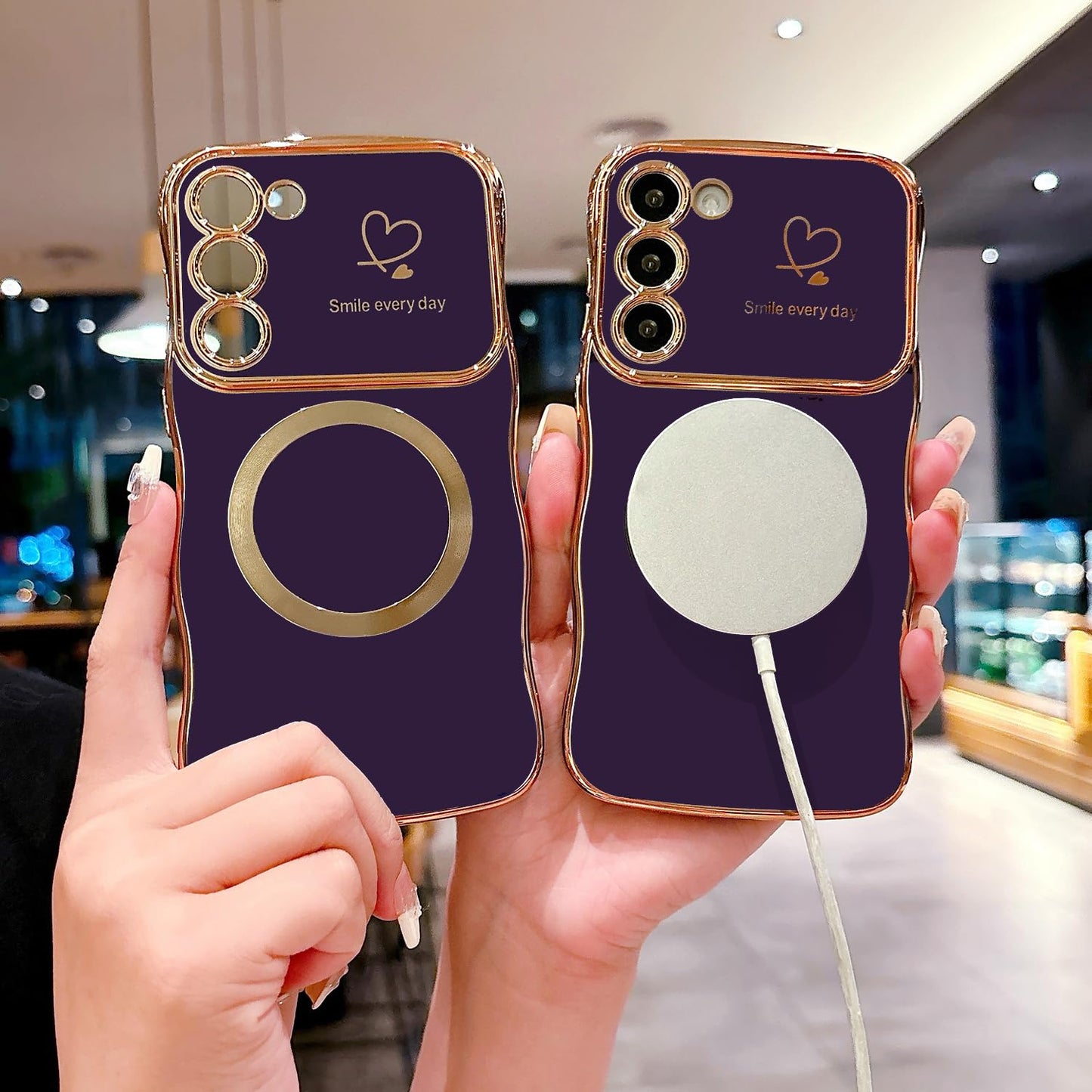 ZONRW for Samsung Galaxy S23 Plus Case Magnetic,for Women Girls Soft Cute Wave Frame Curly Shape Love Heart Luxury Plating Phone Case Compatible