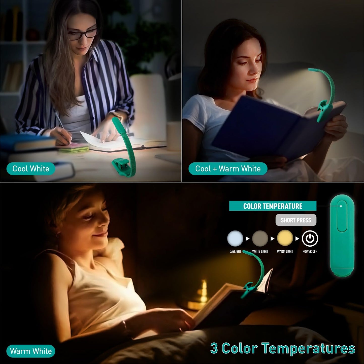 Radixium Rechargeable Book Reading Light at night in Bed, Eye Caring 9 LED with 9 Color Temperatures, Stepless Dimming Brightness, Clip on Book Light