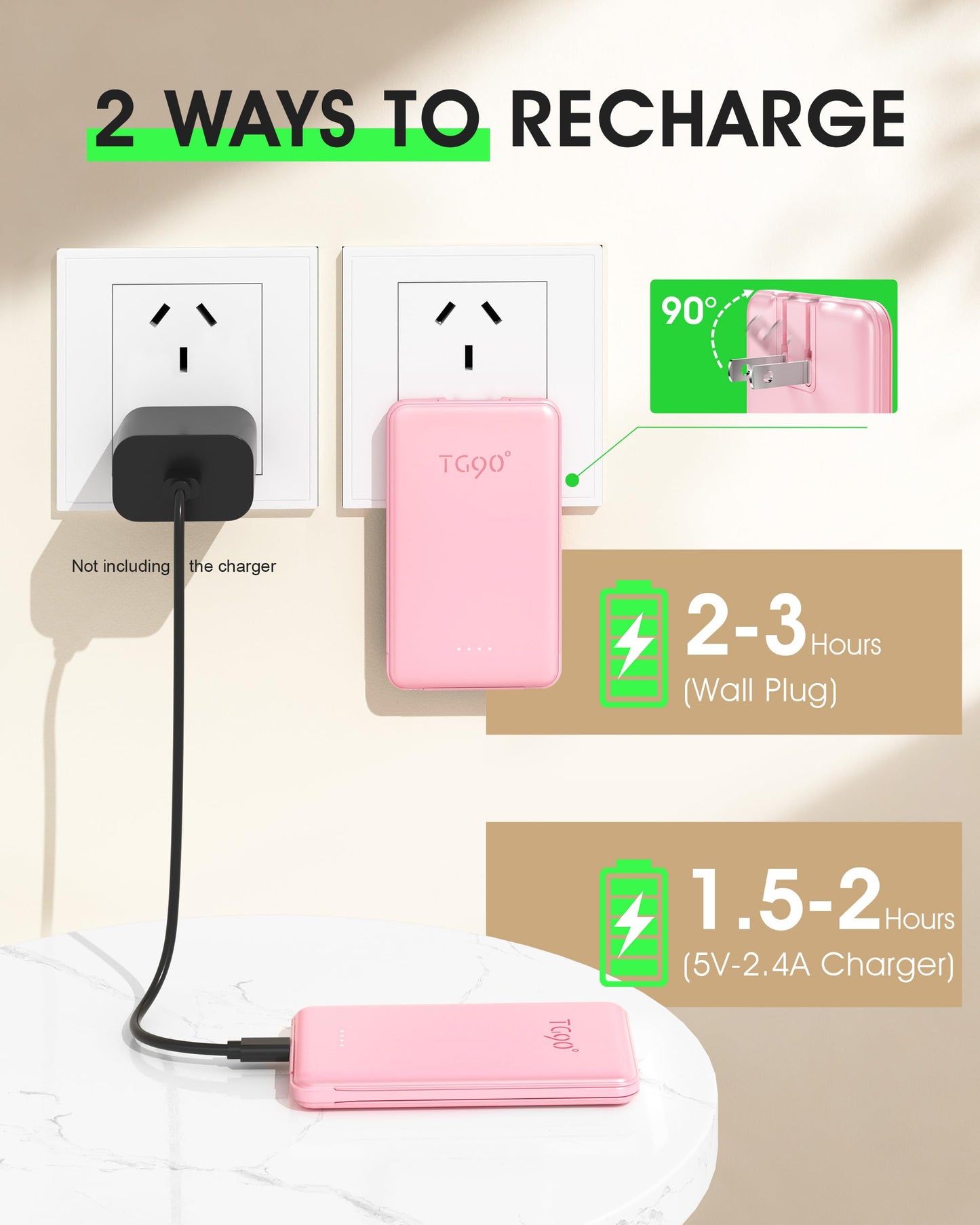 TG90° 5000mAh Portable Charger Built-in AC Wall Plug and Cables, Slim Fast Charging Power Bank, Pocket Size USB C External Battery Pack Compatible