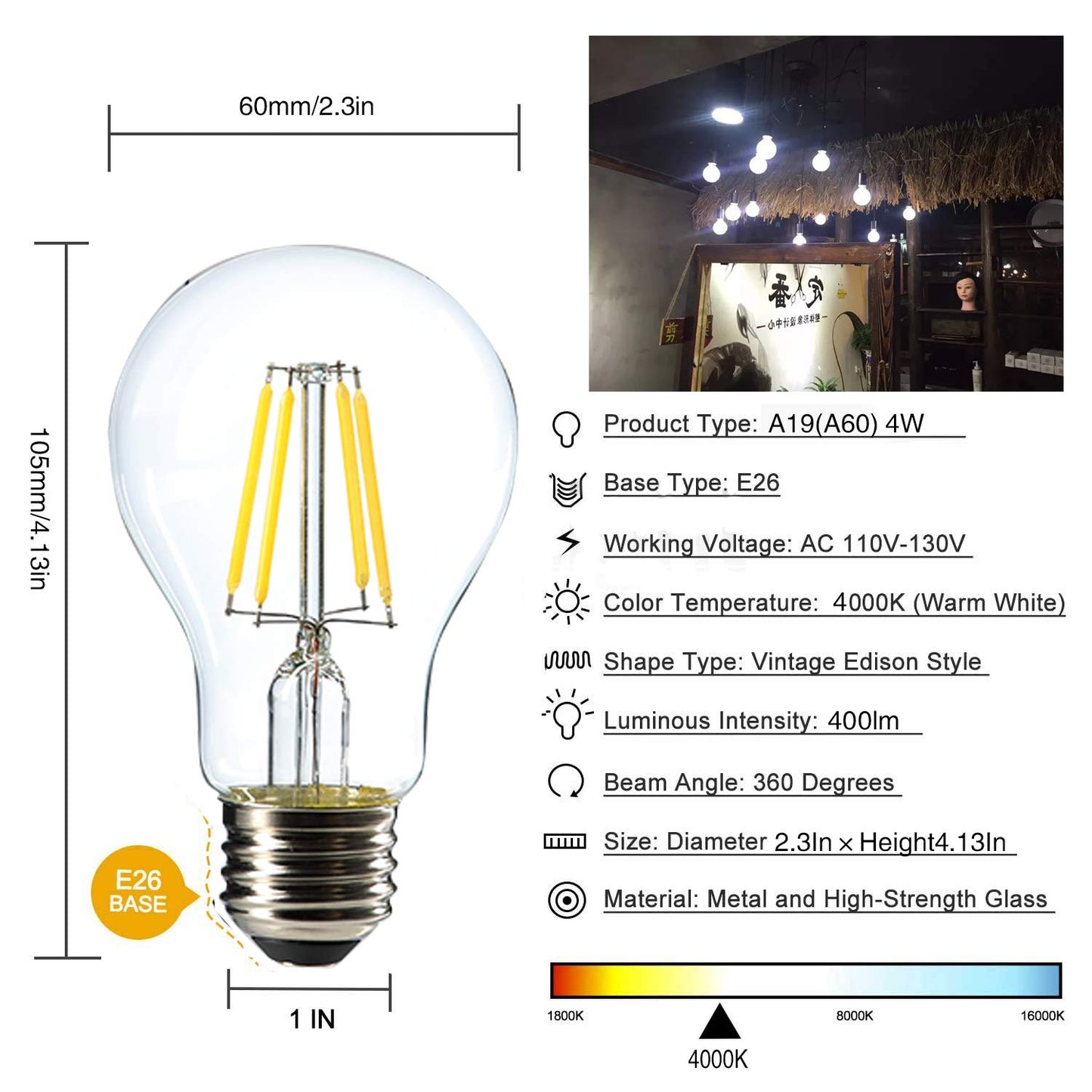 Dimmable 4W Vintage LED Filament Bulb 4000K Daylight White, Edison A19/A60 LED Light Bulbs, 40W Equivalent E26 Medium Base Lamp, Clear Glass Cover 400