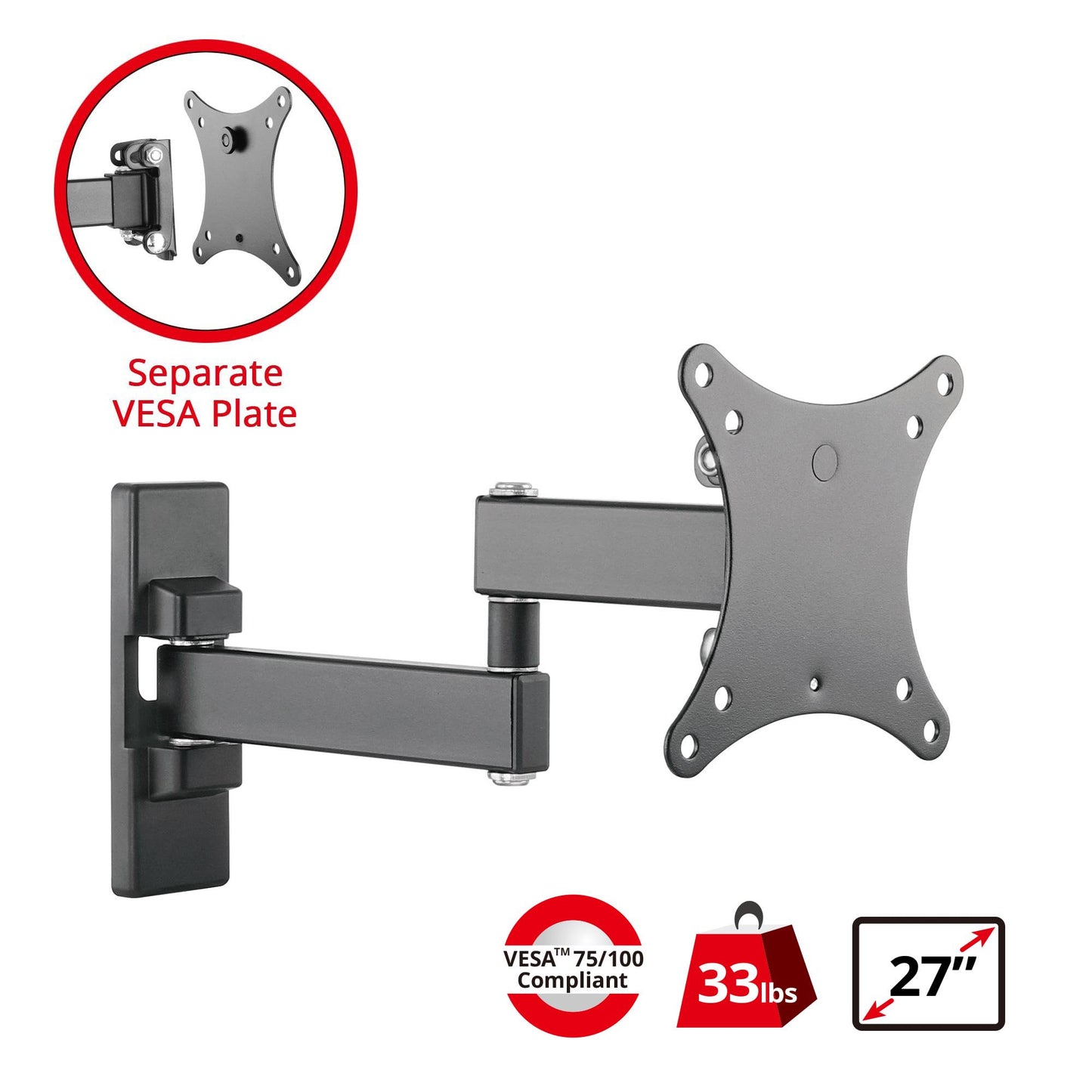 SIIG TV Monitor Wall Mount for Most 13" to 27" LCD Plasma Flat Screen Monitors up to 33lbs - VESA 75x75mm/ 100x100mm - Full Motion Articulating