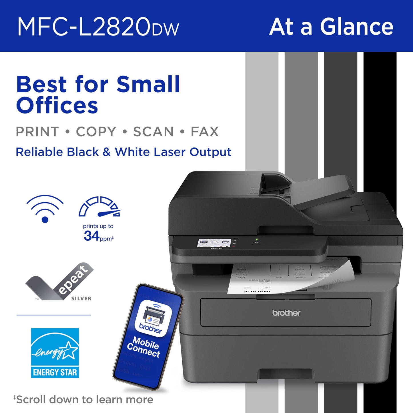 Brother MFC-L2820DW Wireless Compact Monochrome All-in-One Laser Printer with Copy, Scan and Fax, Duplex, Black & White | Includes Refresh