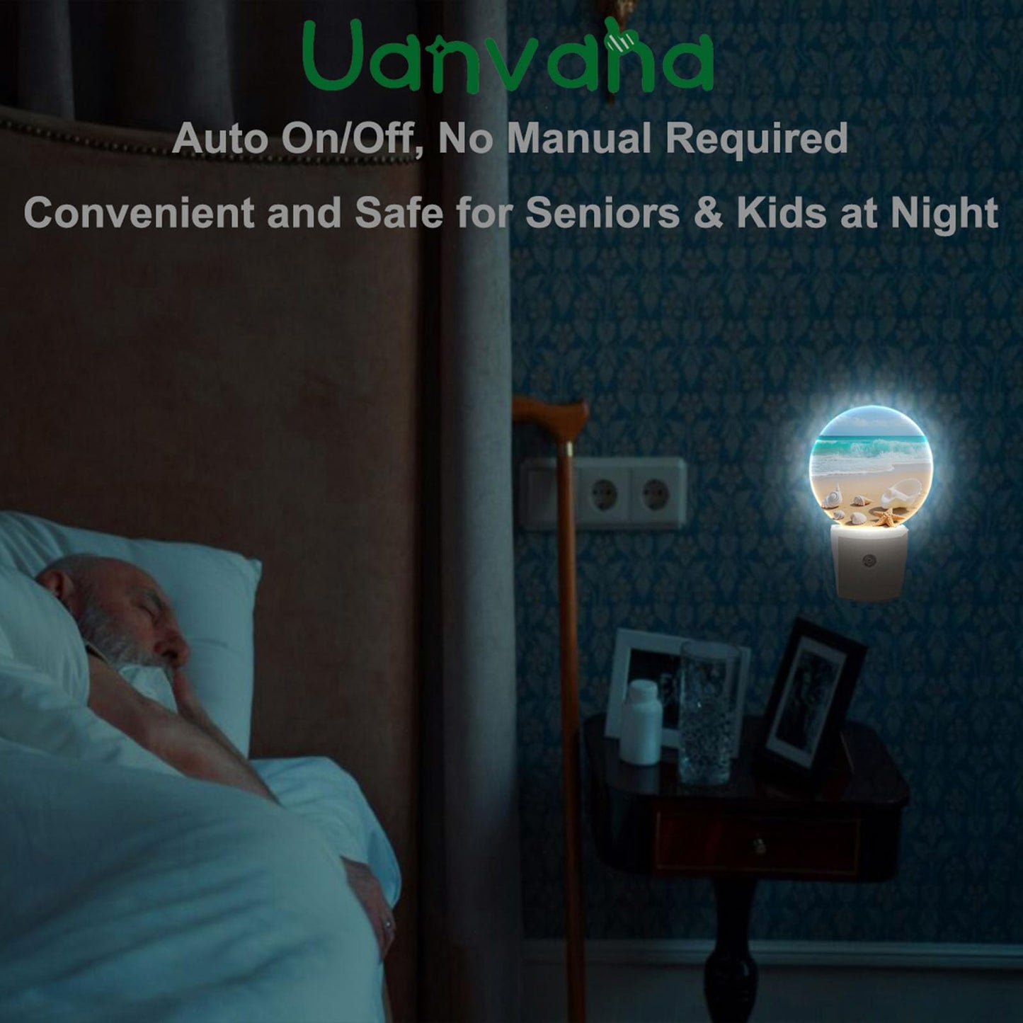 Uanvaha Seashell Nightlight Summer Beach Coral Starfish Blue Ocean Sea Waves Night Lights Plug into Wall Dusk to Dawn Sensor Round Night Light