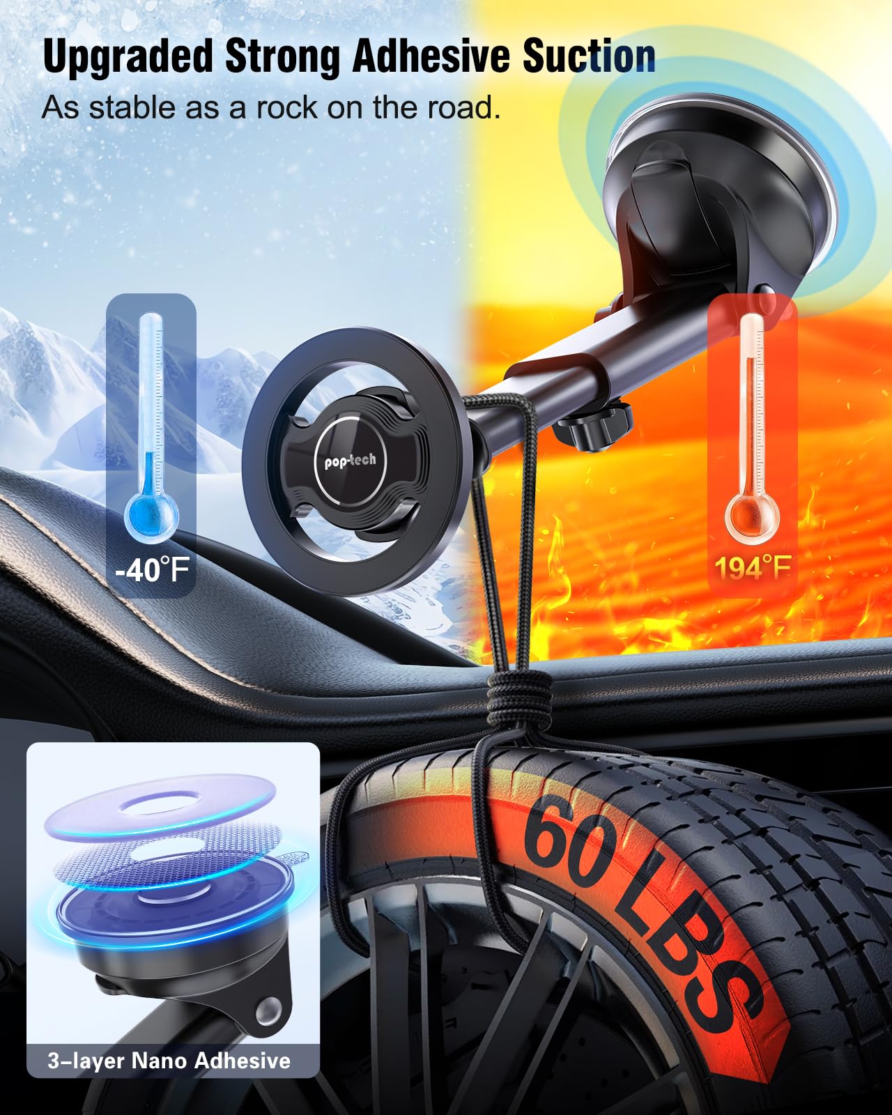 pop-tech for Magsafe Car Mount, Windshield Ultra Magnetic Phone Holder for Car, Dashboard Adjustable Military Suction Cup Phone Mount for iPhone 16
