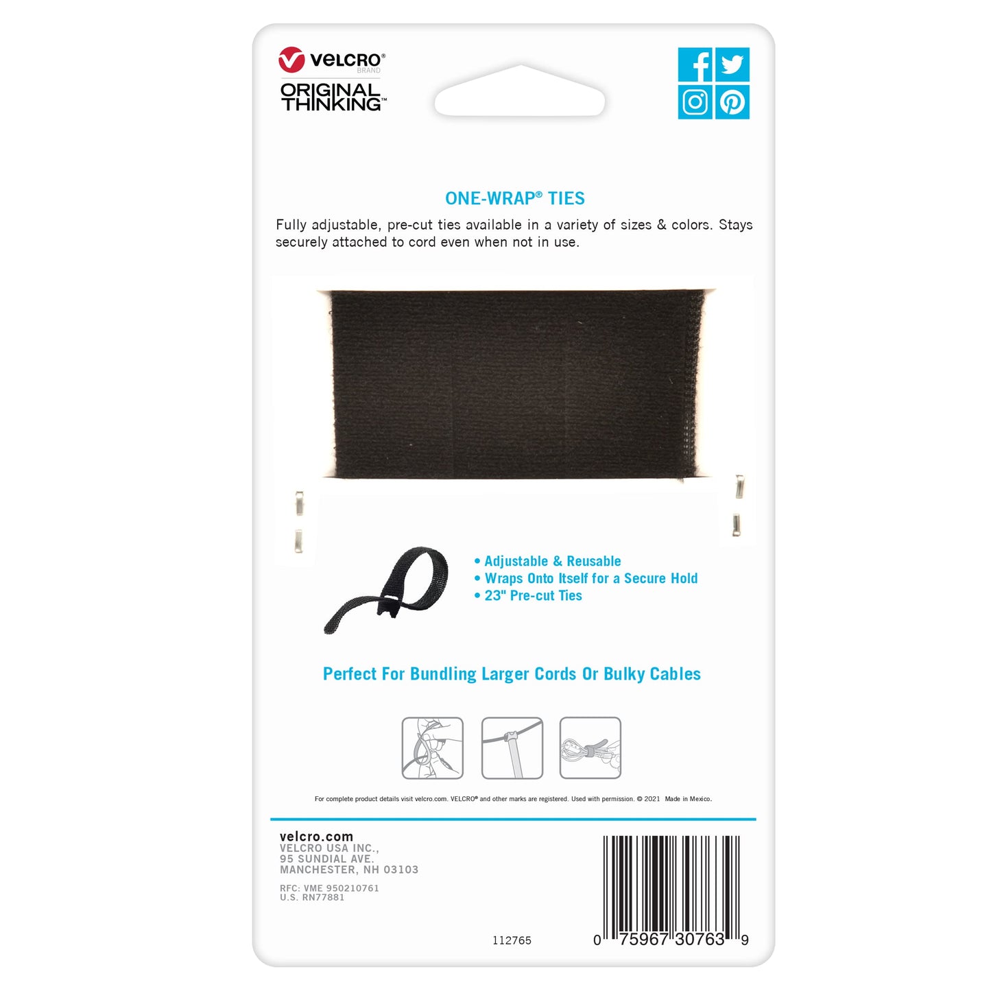 VELCRO Brand ONE-WRAP Ties | Reusable Pre-cut and Self Gripping | For Bundling Hoses, Wood, Heavy Duty Extension Cords | 4 Ct 23” x 7/8” | Black