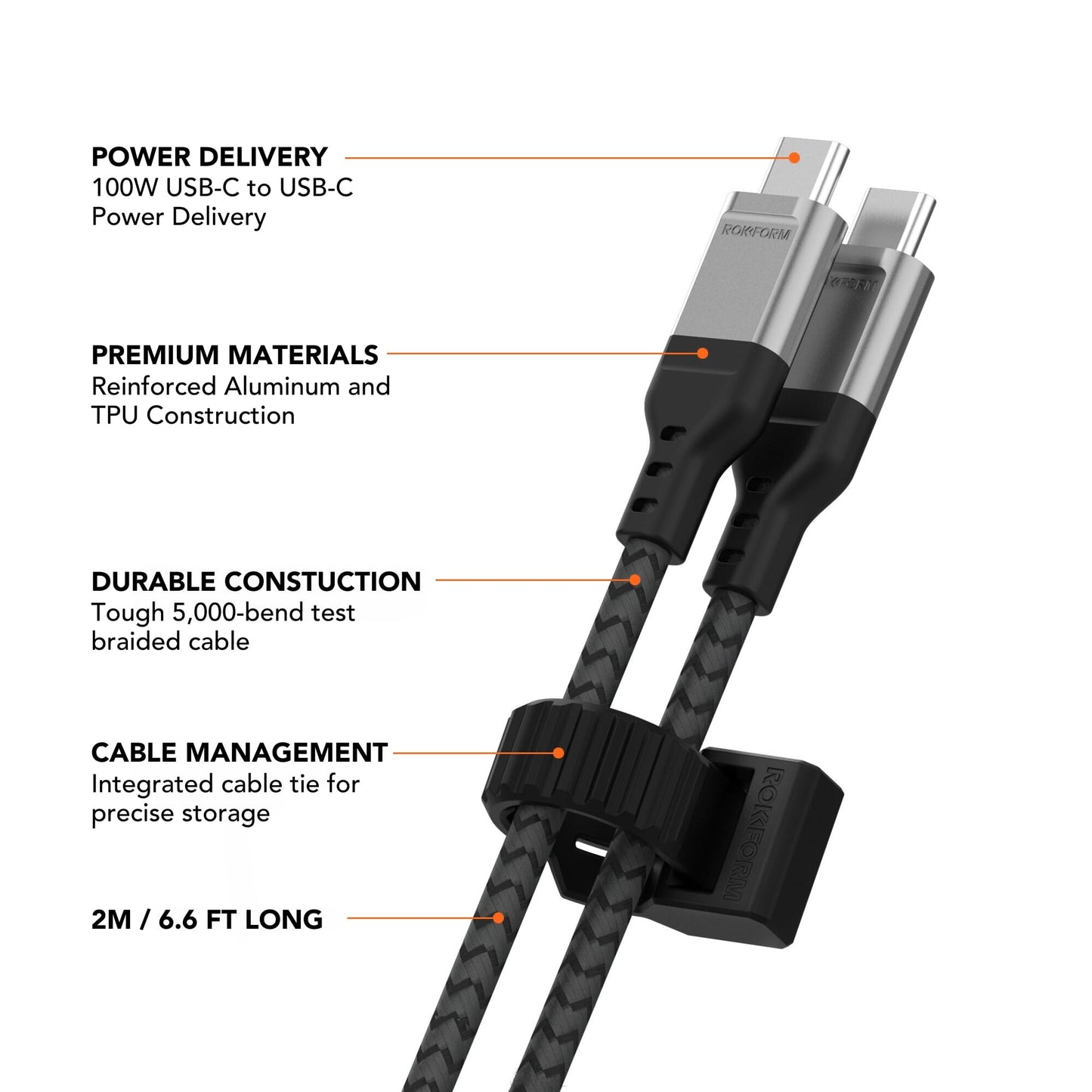 Rokform - PowerTrip 100W USB-C Charging Cable, 2m (6.6 ft), Fast Charging Braided Cable, 5,000 Bend Tested, for iPhone 15s, Galaxy S23s, or Any USB C
