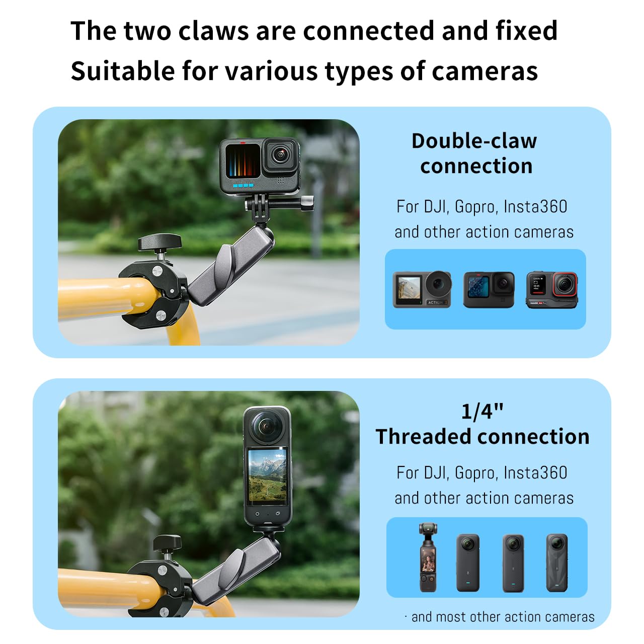 Clamp Camera Mount, Bike/Bicycle/Motorcycle Handlebar Mount for DJI Osmo Action 6/Action 5 Pro/4 3/Osmo Nano/Hero 13 12 11 10 9 8 7/Insta 360 X4 X5