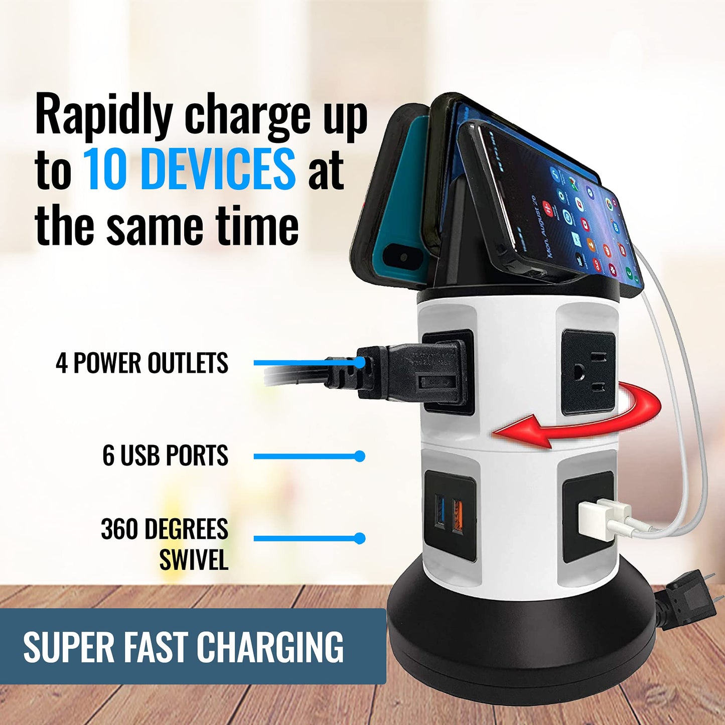 Bell+Howell Spin Power Strip Tower Surge Protector - 4 Outlets, 6 USB Ports, 40" Retractable Cord, 360° Rotation | Electric Charging Station