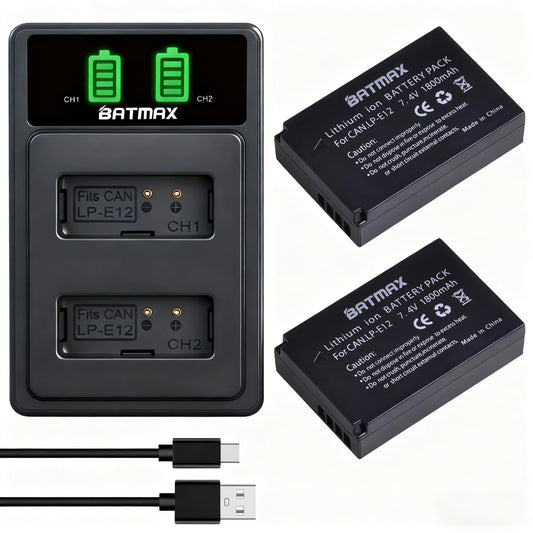 Batmax 2Pcs LP-E12 Battery + USB LCD Dual Charger with Type C Port for Canon EOS-M, EOS M2, EOS M10, EOS M100, EOS M200, SX70 HS, Rebel SL1, EOS M50