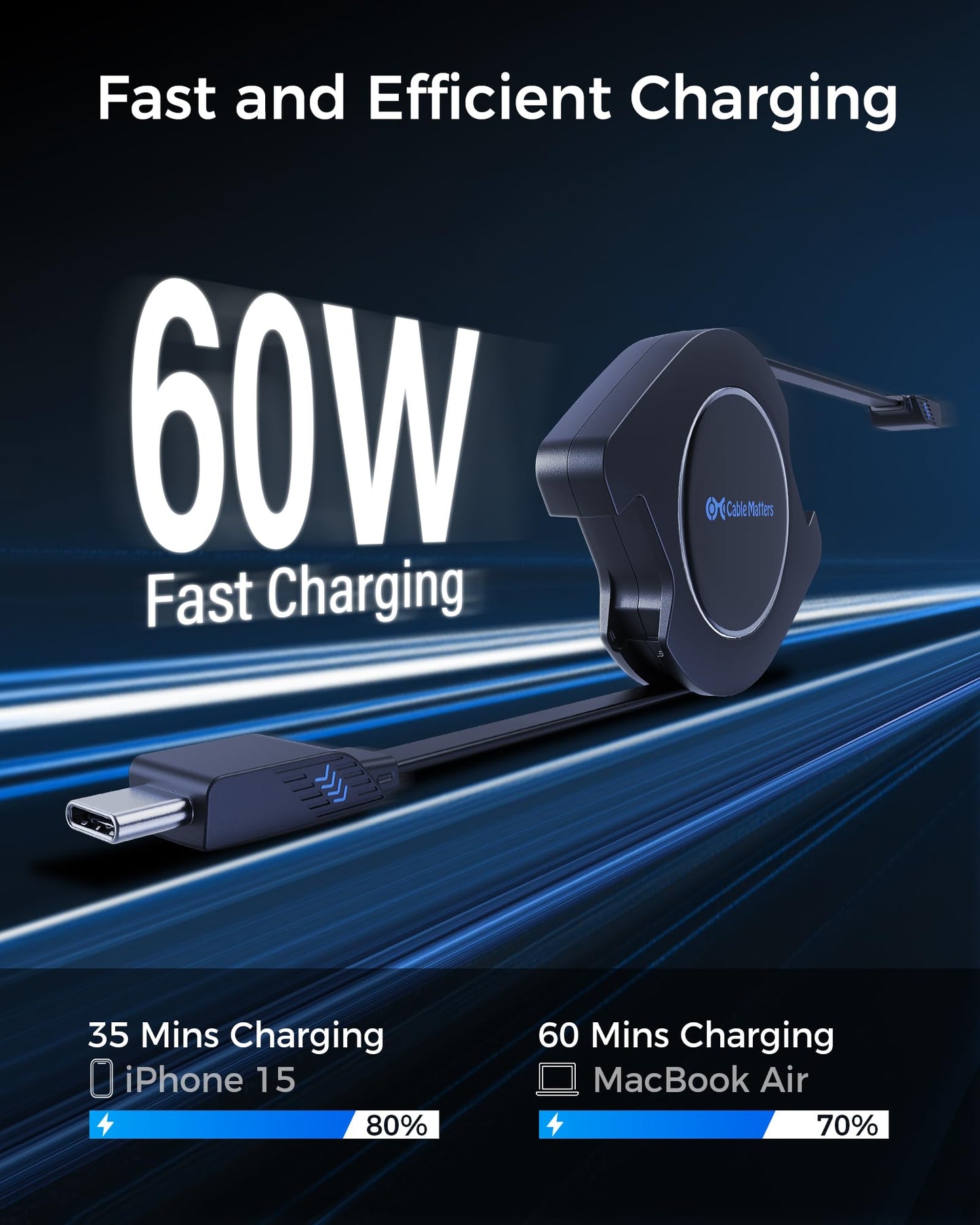 Cable Matters 2-Pack Retractable USB C Cable 2.8ft, Supports Up to [60W Charging, 480Mbps] Compatible with Apple CarPlay, Android Auto, USB C Charger