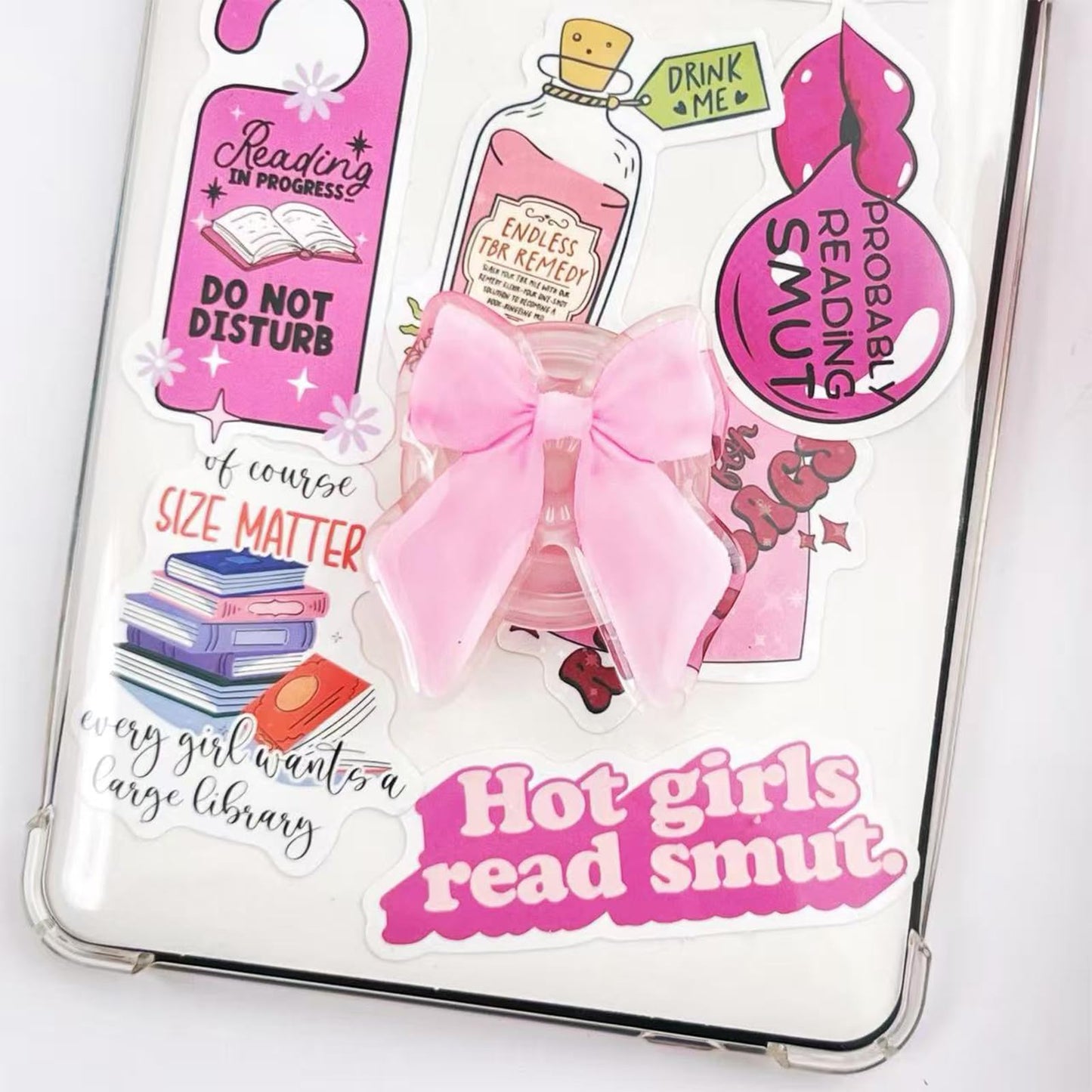 Cute Pink Bow Kindle Grip, for with Kindle E-Readers, iPhones and Smartphones,Rotating Folding Elastic Base, A Gift for Book Lover