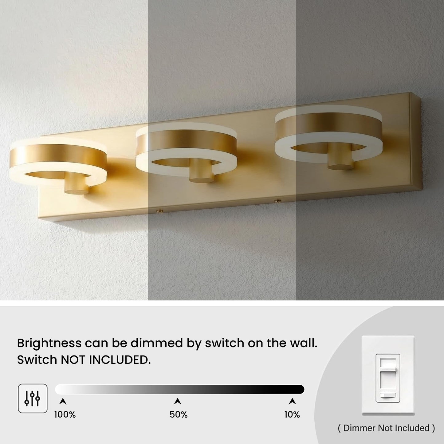 PHIXART LED Bathroom Light Fixtures, 24inch Gold Vanity Lights, Modern 3 Light Acrylic Wall Sconces, 350° Rotatable Wall Lighting Fixture Over Mirror