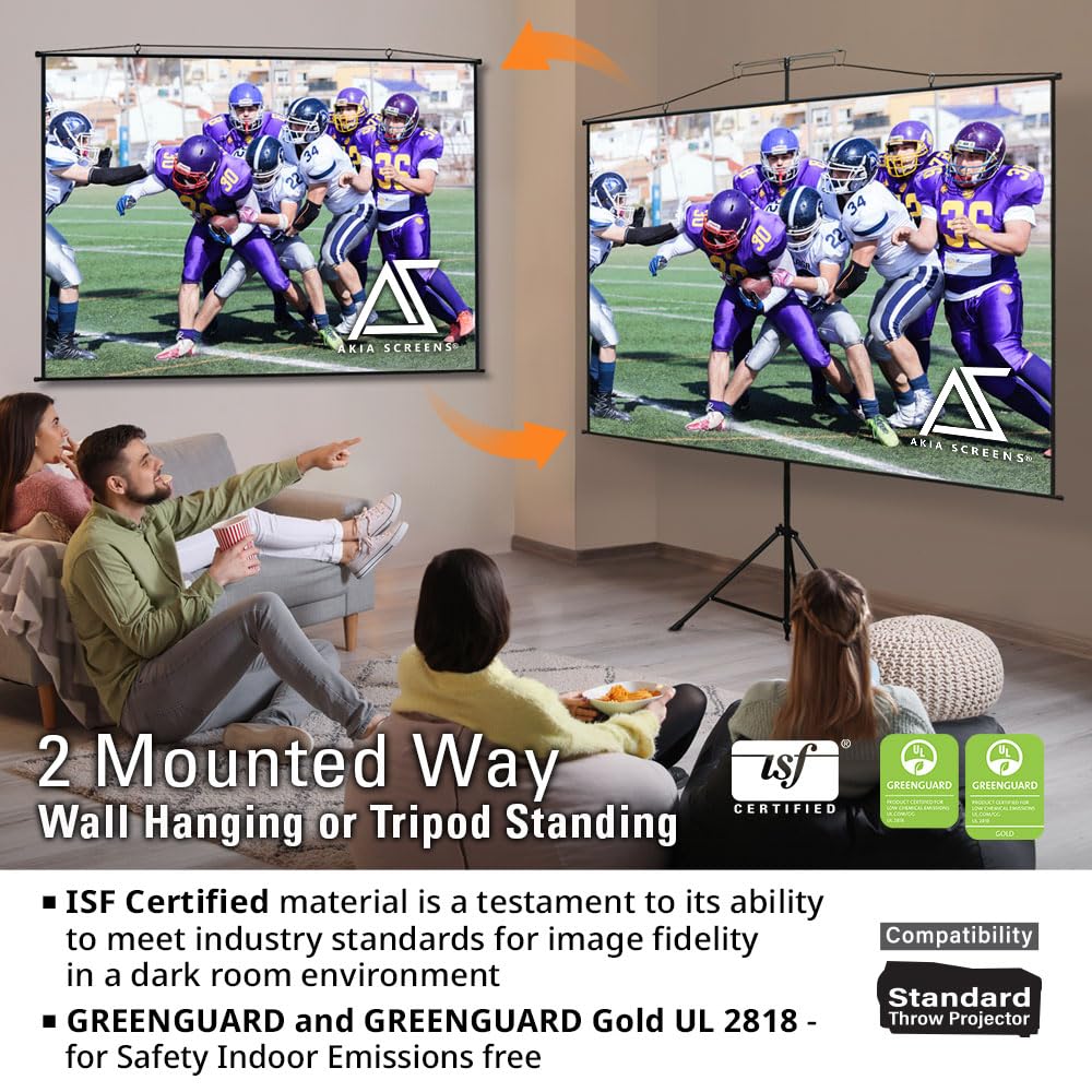 Akia Screens 2-in-1 110" Portable Projector Screen with Stand & Carry Bag, 4:3/16:9 Retractable, Tripod or Wall Mount, Indoor Outdoor Home Theater