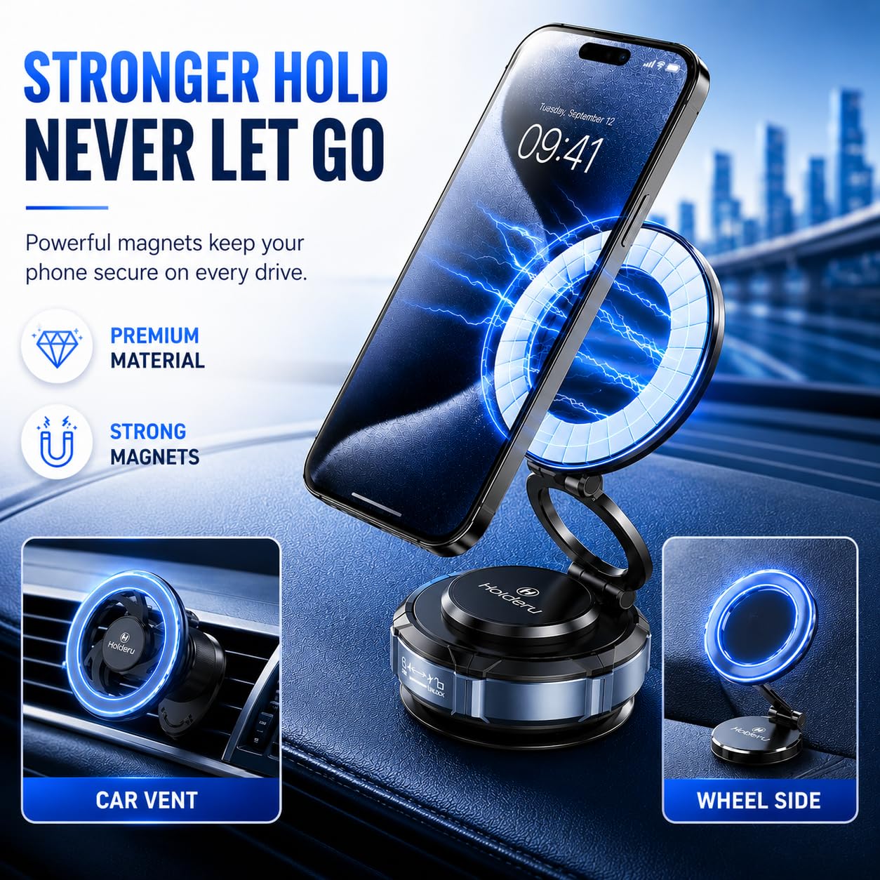 Magnetic Car Phone Mount for MagSafe - 3 Holder Bundle (Dashboard, Air Vent & Steering Side) Strong Magnetic Hold with Premium Build Quality - Car