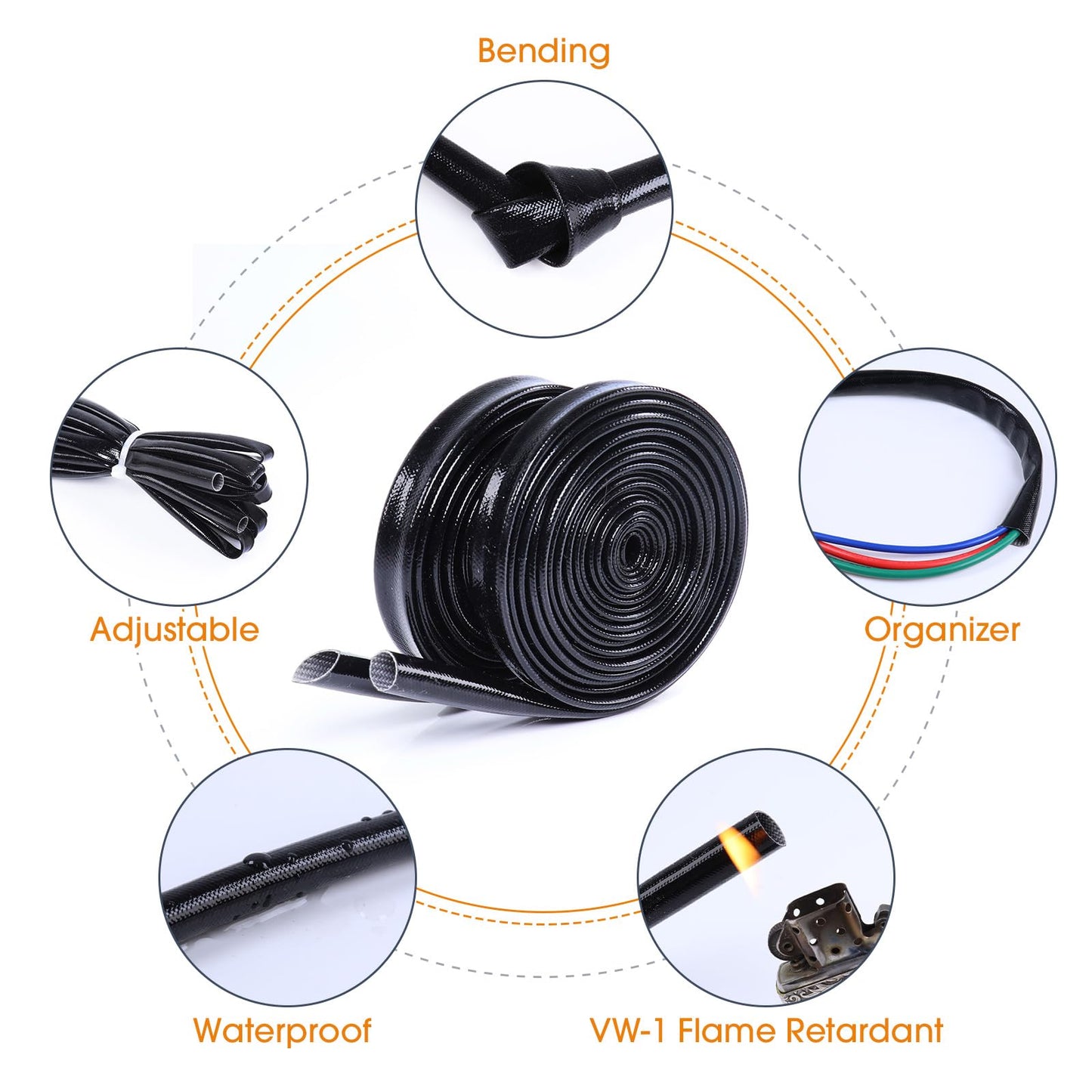 Sunnarepoon Silicone Fiberglass Cable Sleeve - Waterproof, Insulation and Cord Protector High Temp Heat Shield Sleeve Wire Tube (3/8'' - 10Foot)