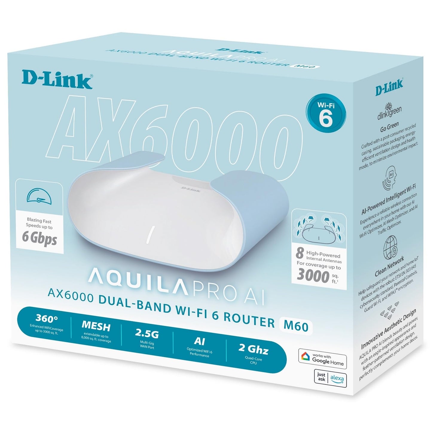 D-Link M60 AX6000 WiFi 6 Mesh Router-Sculpted Décor Ready Design-2.5 Gbps WAN + 4× Gbps LAN-Gaming/Streaming/Internet-Long Range Wireless Self